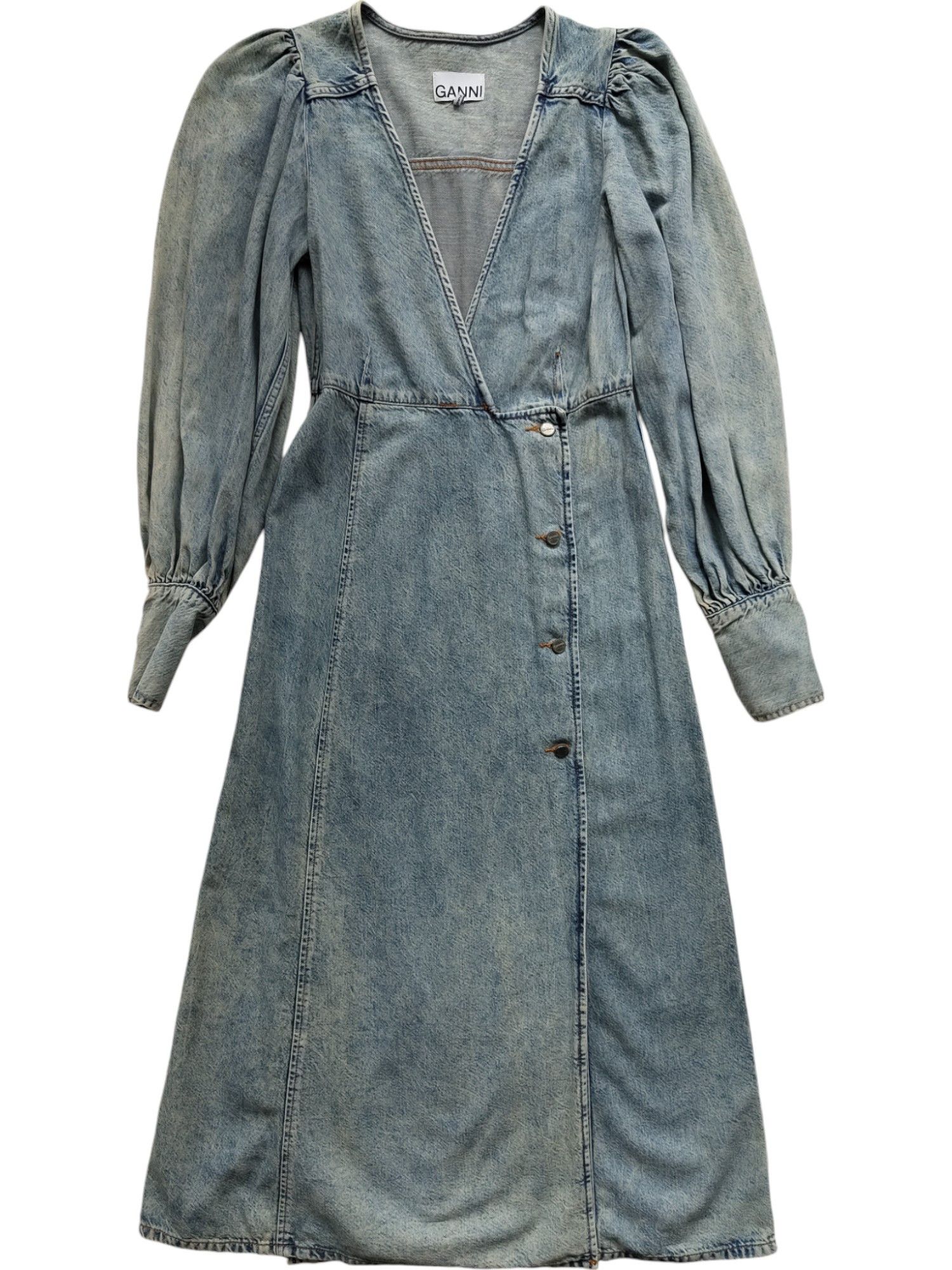Ganni Washed Denim Long Sleeves Dress With Logo Embossed Buttons Size XXS / US 00 / IT 34 - 3 Thumbnail