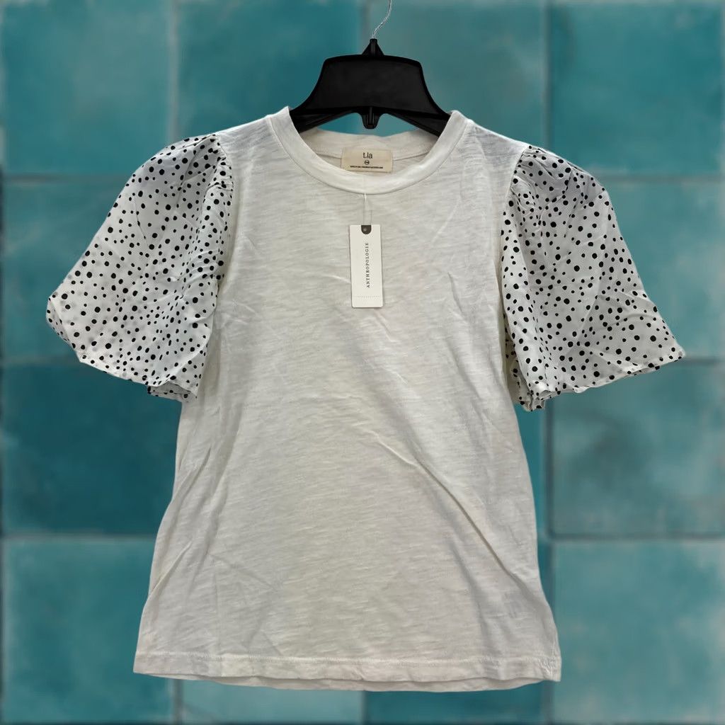 Anthropologie T.La White Puff Sleeve Polka Dot Top XS Women Blouse Cottagecore Romantic Chic Size XXS / US 00 / IT 34 - 1 Thumbnail