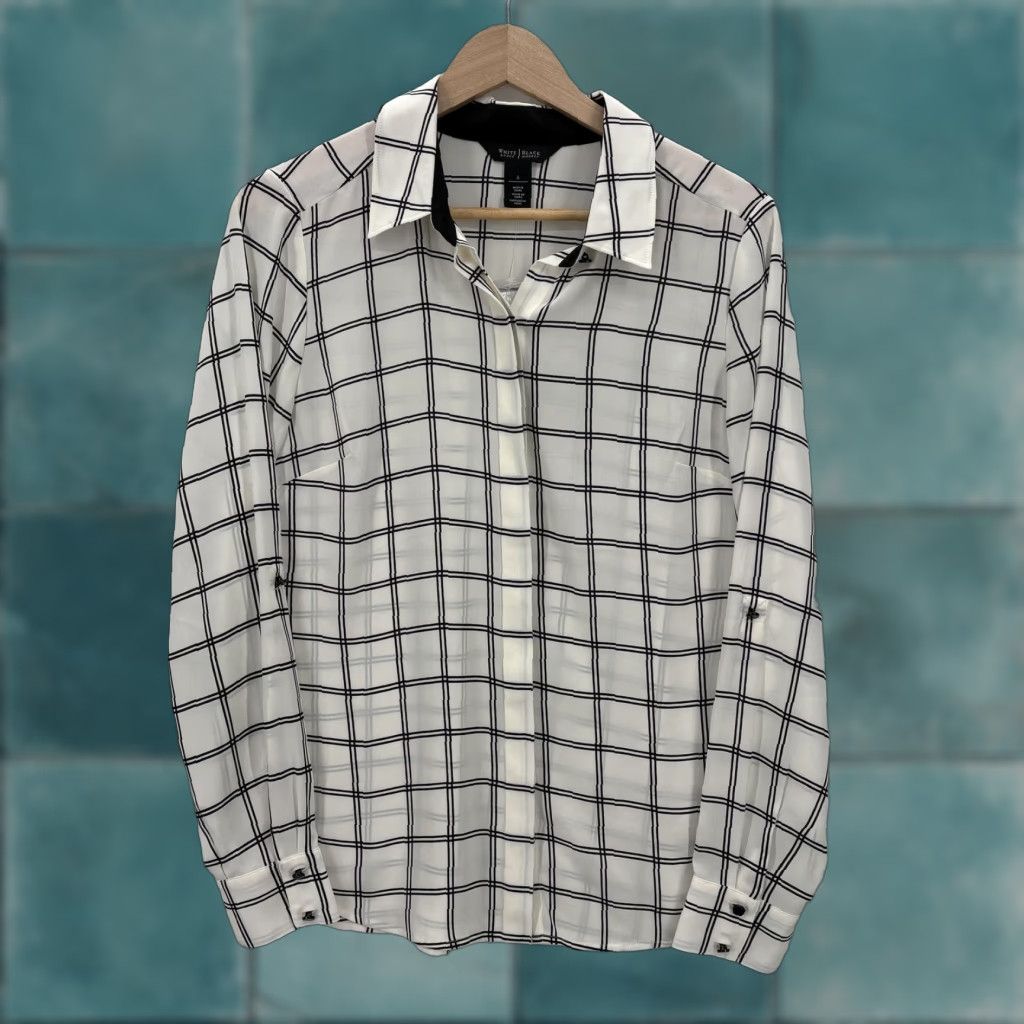 White House Black Market White House Black Market Desire Plaid Shirt Womens 6 Ecru Black Sheer Button Up Size M / US 6-8 / IT 42-44 - 1 Thumbnail