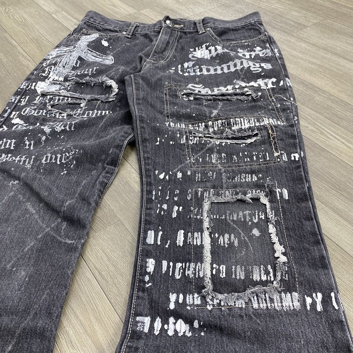 Other 2000s Ba-tsu Studio Distressed Cross Punk Flared Jeans Size US 30 / EU 46 - 3 Thumbnail
