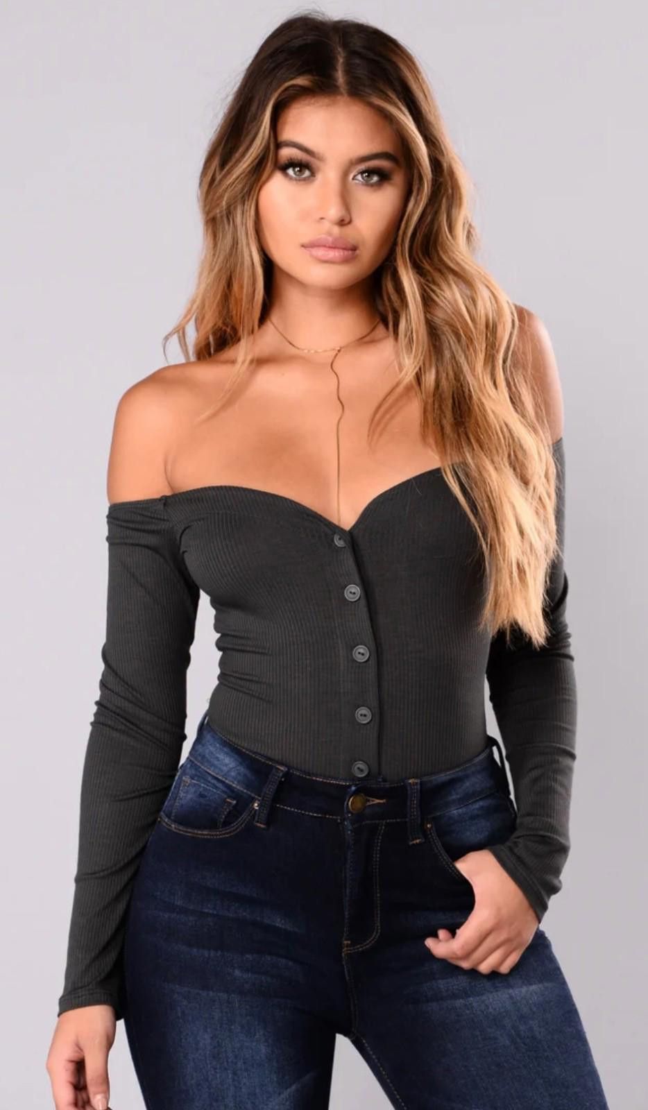 Fashion Victim FASHION NOVA Off-Shoulder Bodysuit in Charcoal (SMALL) Size S / US 4 / IT 40 - 4 Thumbnail
