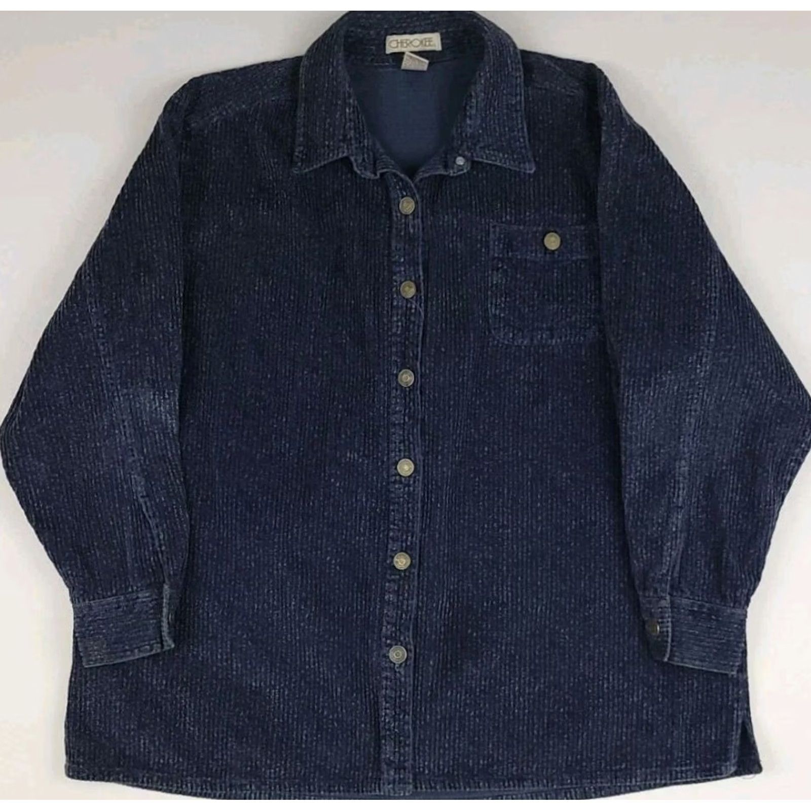 Cherokee VINTAGE Cherokee Dark Blue Corduroy Shirt Jacket Metal Buttons USA XL Womens Button-Up Jacket Size XL / US 12-14 / IT 48-50 - 2 Thumbnail