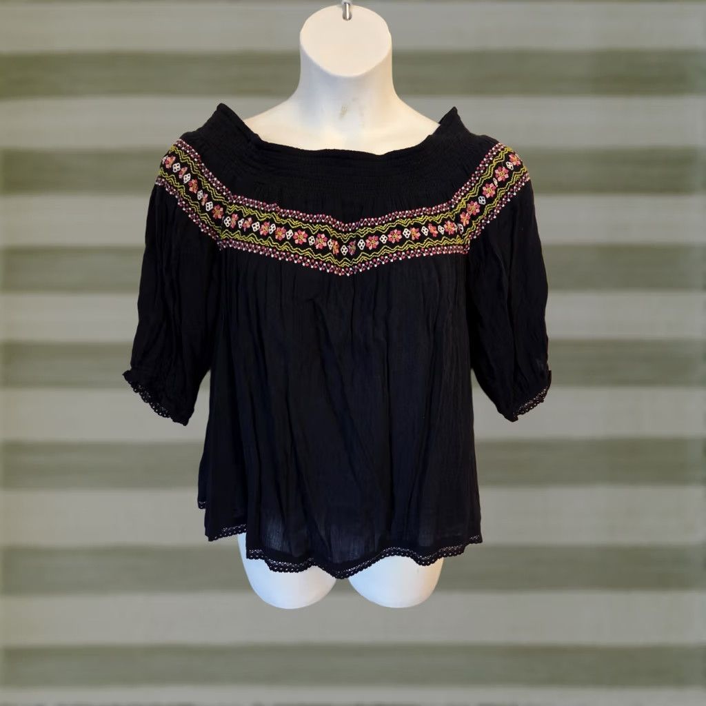 Vintage Crown & Ivy Navy Blue Smocked Trim Embroidered Floral Top Off the Shoulder 3/4 Sleeve L Bohemian Hippie Blouse Women Regular Size Size L / US 10 / IT 46 - 1 Thumbnail
