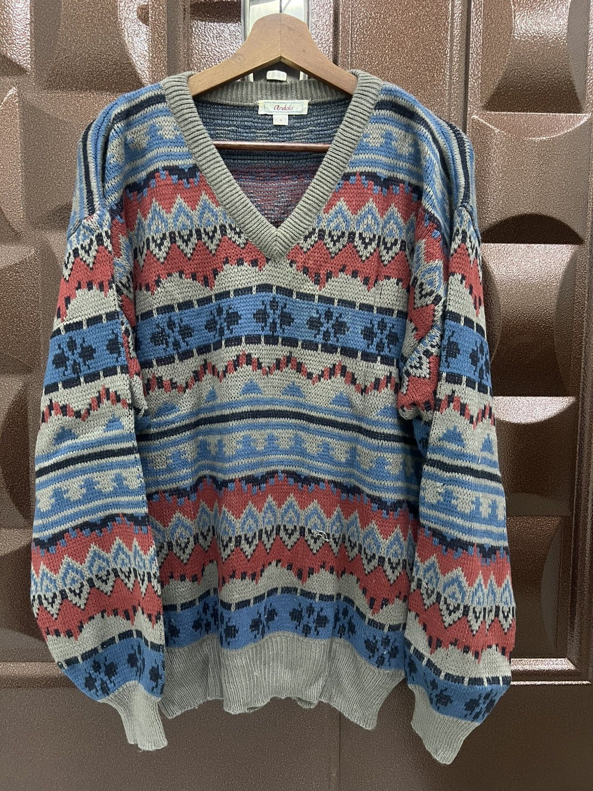 Japanese Brand ANDOLO Vintage Geometric Nordic V Neck Pullover Knit Jumper Size US M / EU 48-50 / 2 - 2 Thumbnail