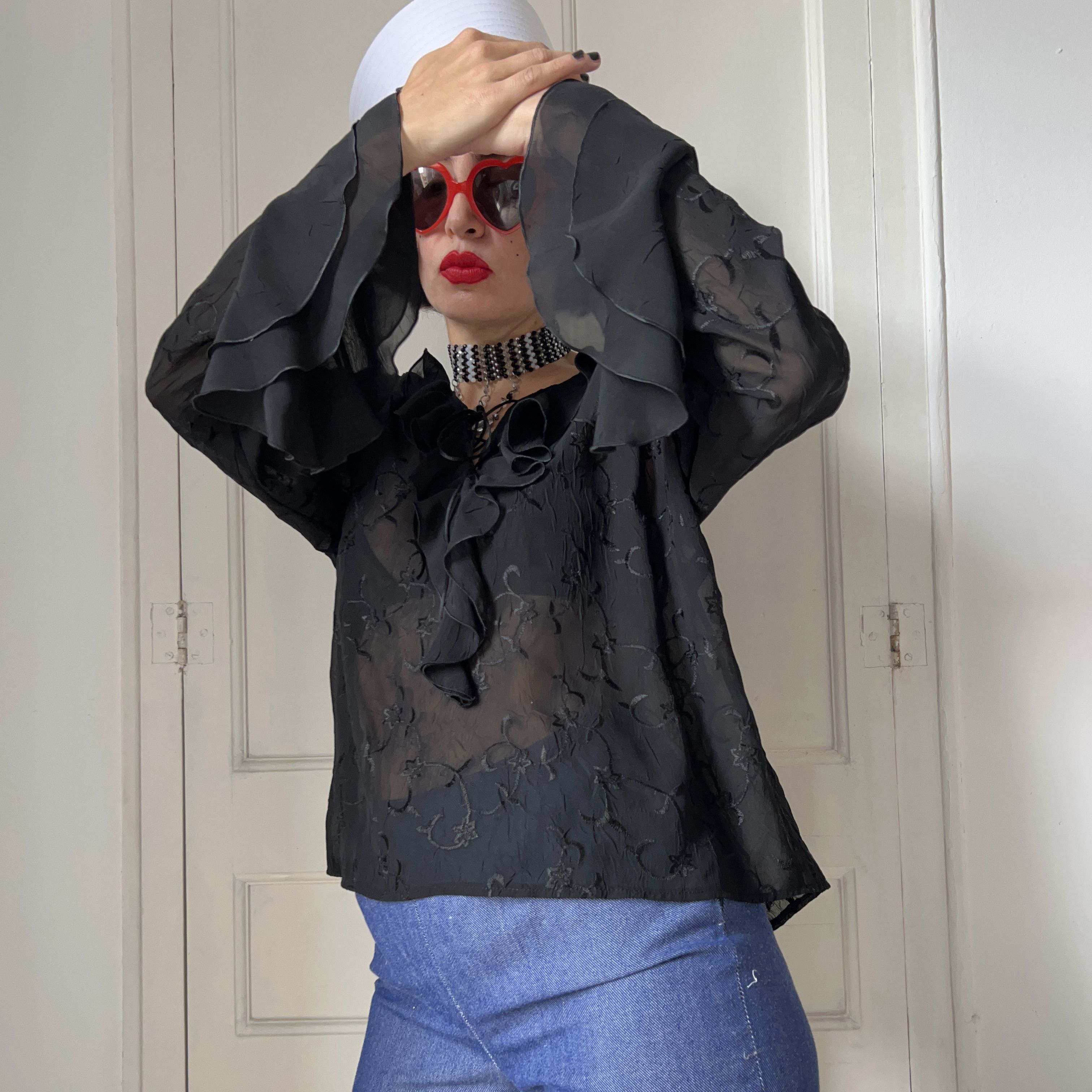 Vintage Vintage 90s Black Sheer Ruffle Poet Blouse Size XL / US 12-14 / IT 48-50 - 5 Thumbnail