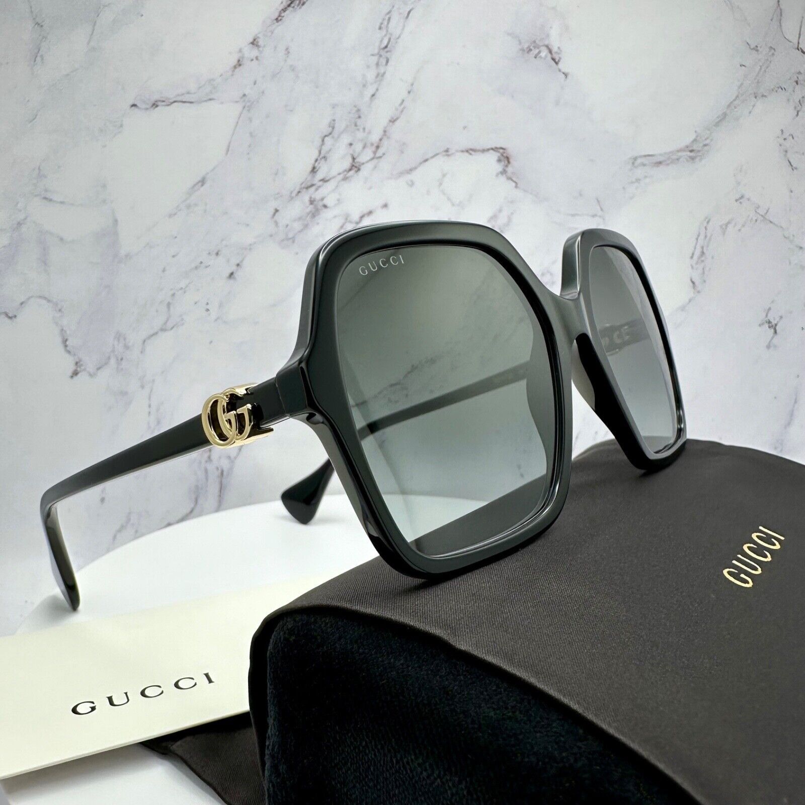 Gucci GUCCI Sunglasses New Black Oversized Acetate Gold Metal Logo Size ONE SIZE - 15 Thumbnail