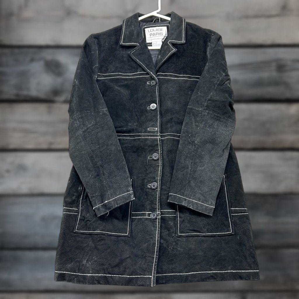 Vintage Louise Paris Coat Womens L Black Leather Overcoat Lined Thick Suede Polyester Button Missing Loose Paris Theme Womens L Black Leather Coat Size L / US 10 / IT 46 - 1 Thumbnail