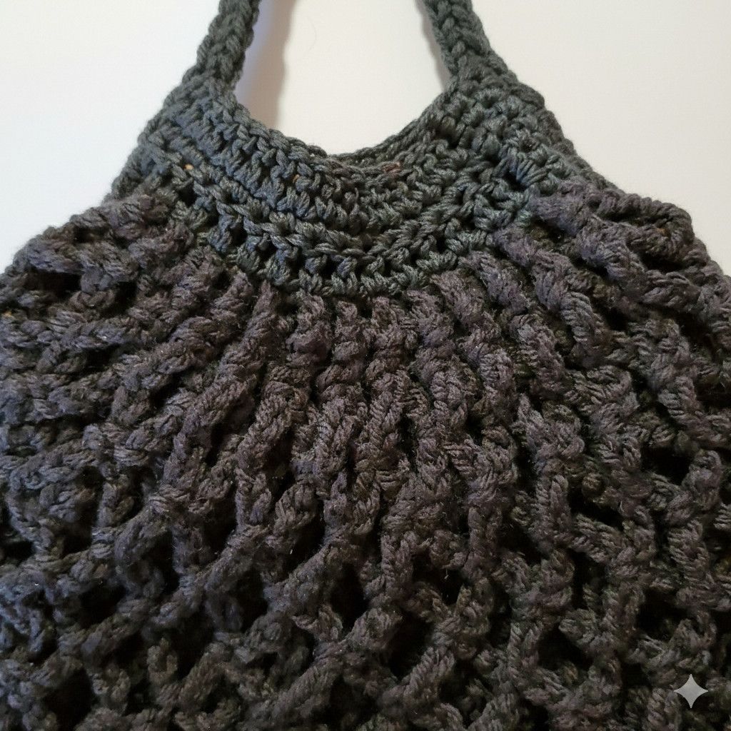 Handmade Handmade Black Net Bag Farmers Market Crochet French Sack Size ONE SIZE - 7 Thumbnail