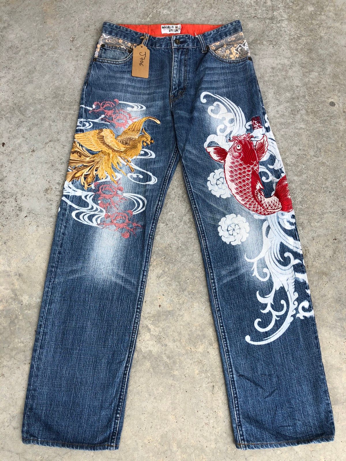 Pre-owned Distressed Denim Japanese Karakuri Tamashi Embroidered Jeans Distrassed Jeans In Blue