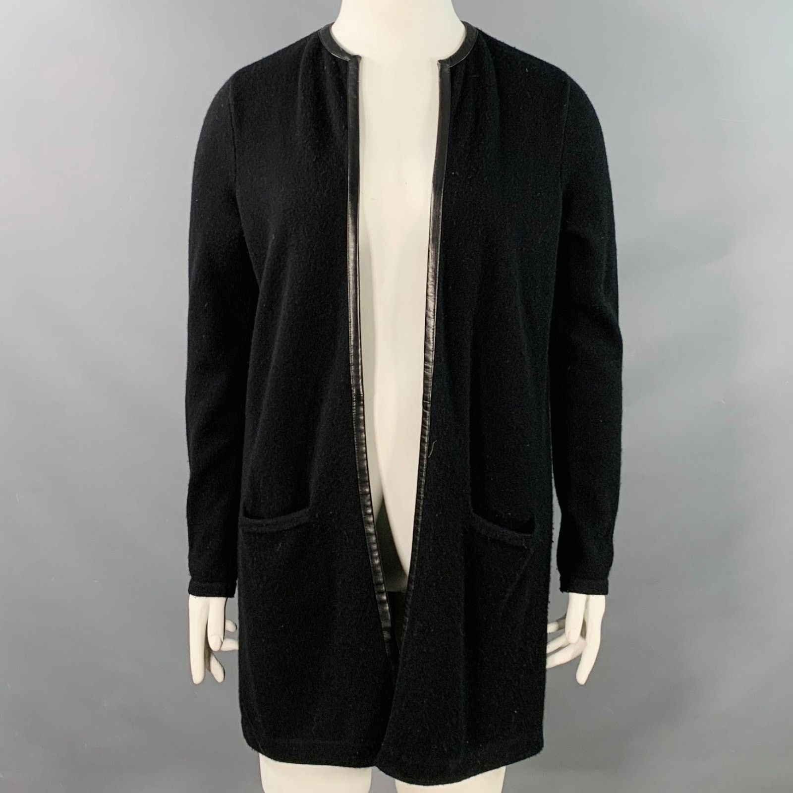 Ralph Lauren Size L Black Cashmere Lambskin Trim Open Front Cardigan Size L / US 10 / IT 46 - 1 Thumbnail