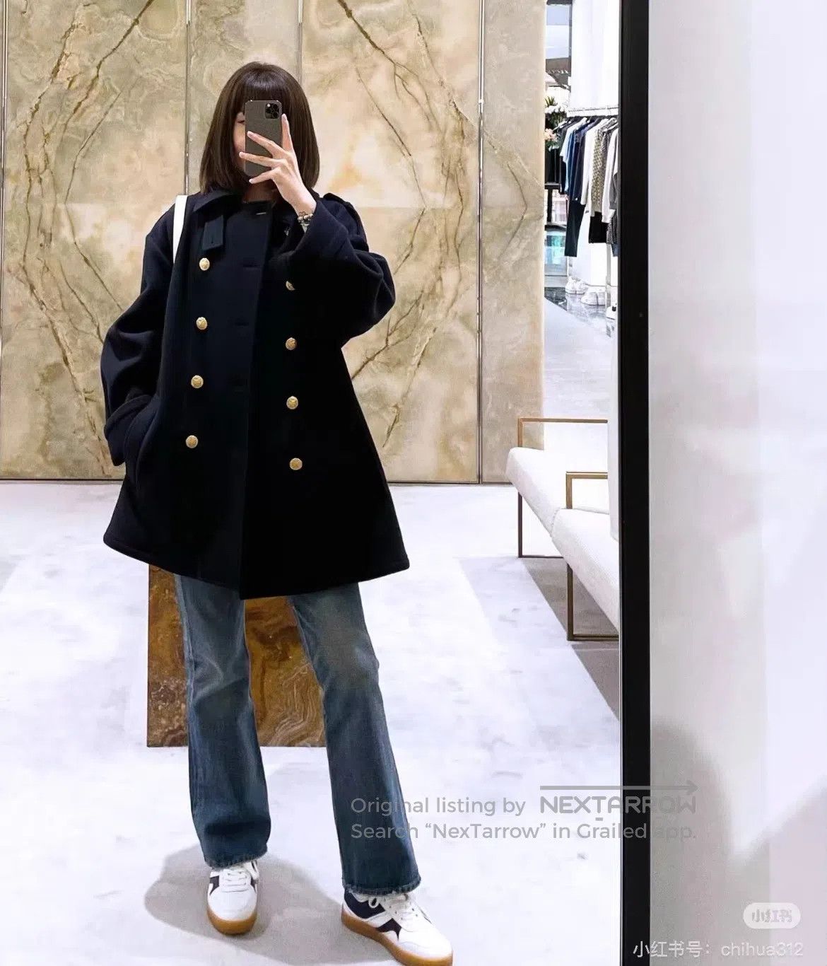 Celine CELINE SIZE 34 Gold-embossed Navy Blue Wool Coat| Size S / US 4 / IT 40 - 3 Thumbnail