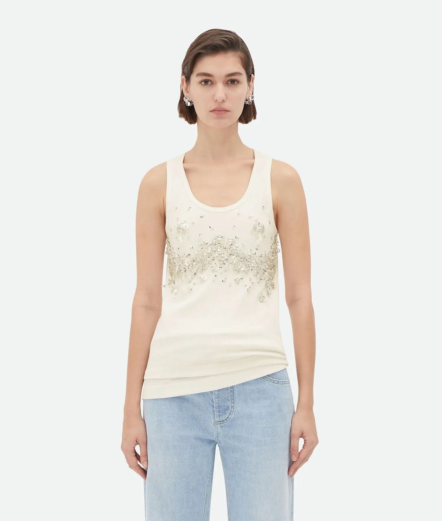Bottega Veneta o1n1vont0325 Crystal Embroidered Jersey Tank Top in Chalk Size L / US 10 / IT 46 - 1 Thumbnail