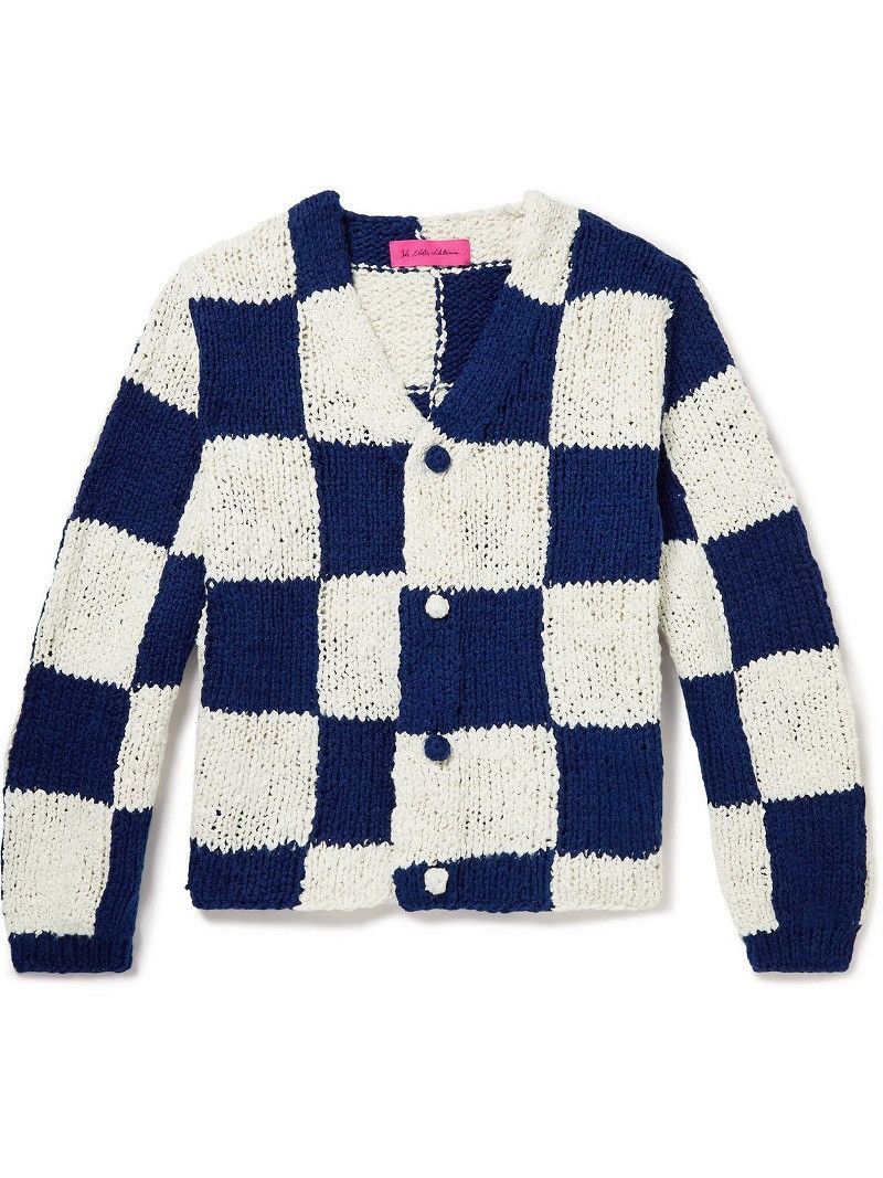 image of The Elder Statesman Checked Knit Cardigan in Blue/White, Men's (Size XL)