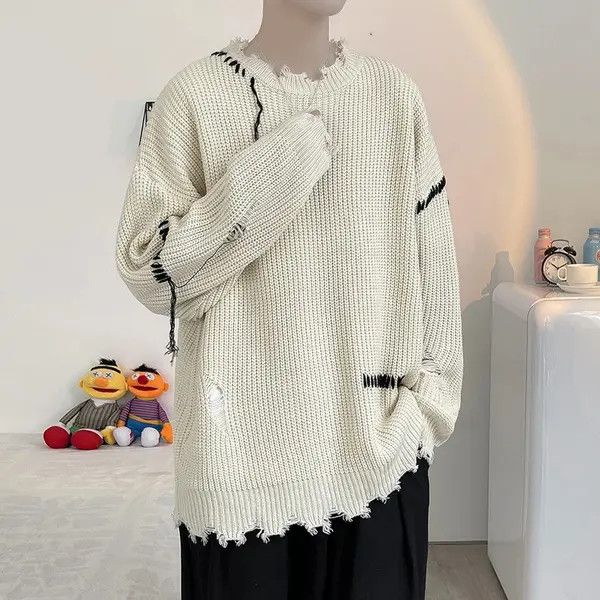 VIBE Korean fashion beige distressed knit sweater knitwear Size US L / EU 52-54 / 3 - 5 Thumbnail