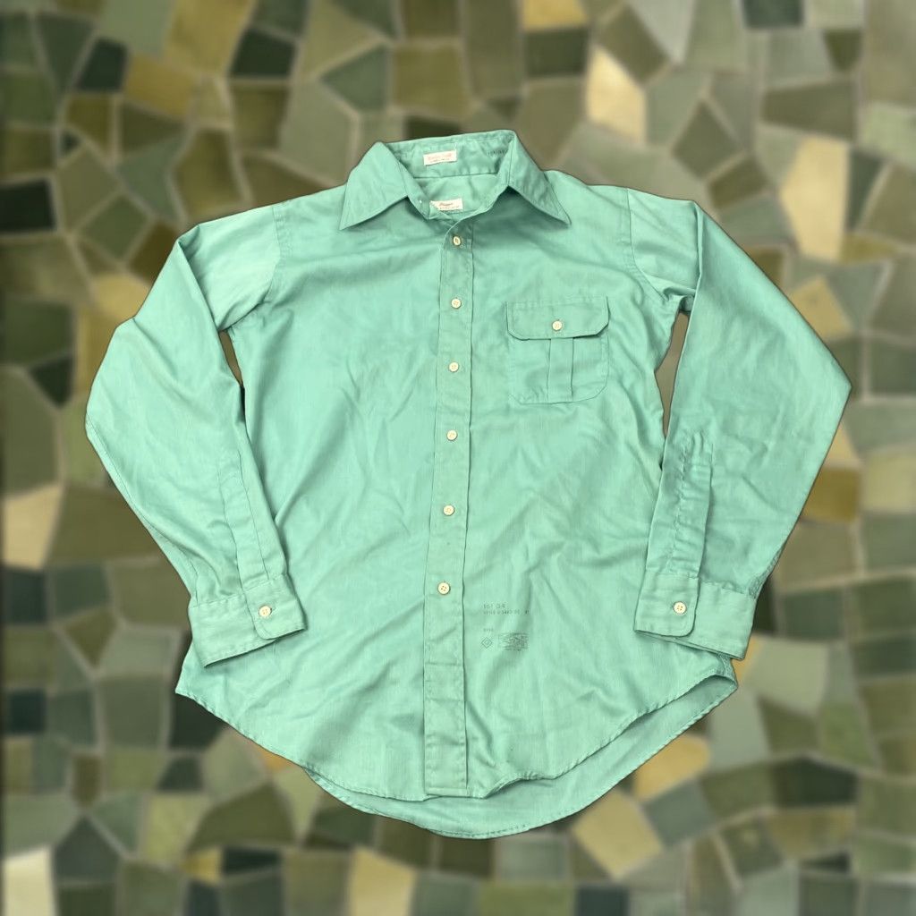 Gant VINTAGE Gant Hugger Shirt Mens 15.5 34 Green Twill Button-Up Workwear 70s USA Slim 70s Mens Size US M / EU 48-50 / 2 - 1 Thumbnail