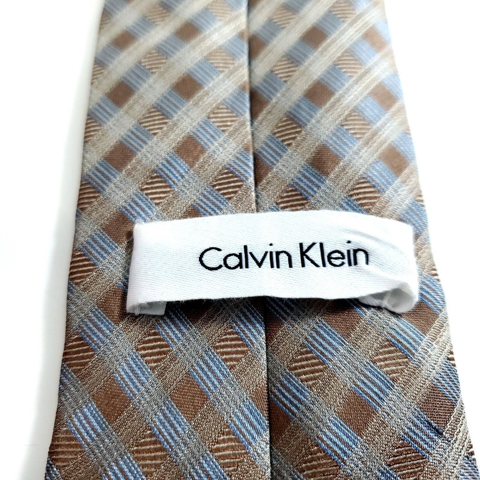 Calvin Klein Calvin Klein Brown Blue Plaid Woven Silk Tie Size ONE SIZE - 3 Thumbnail