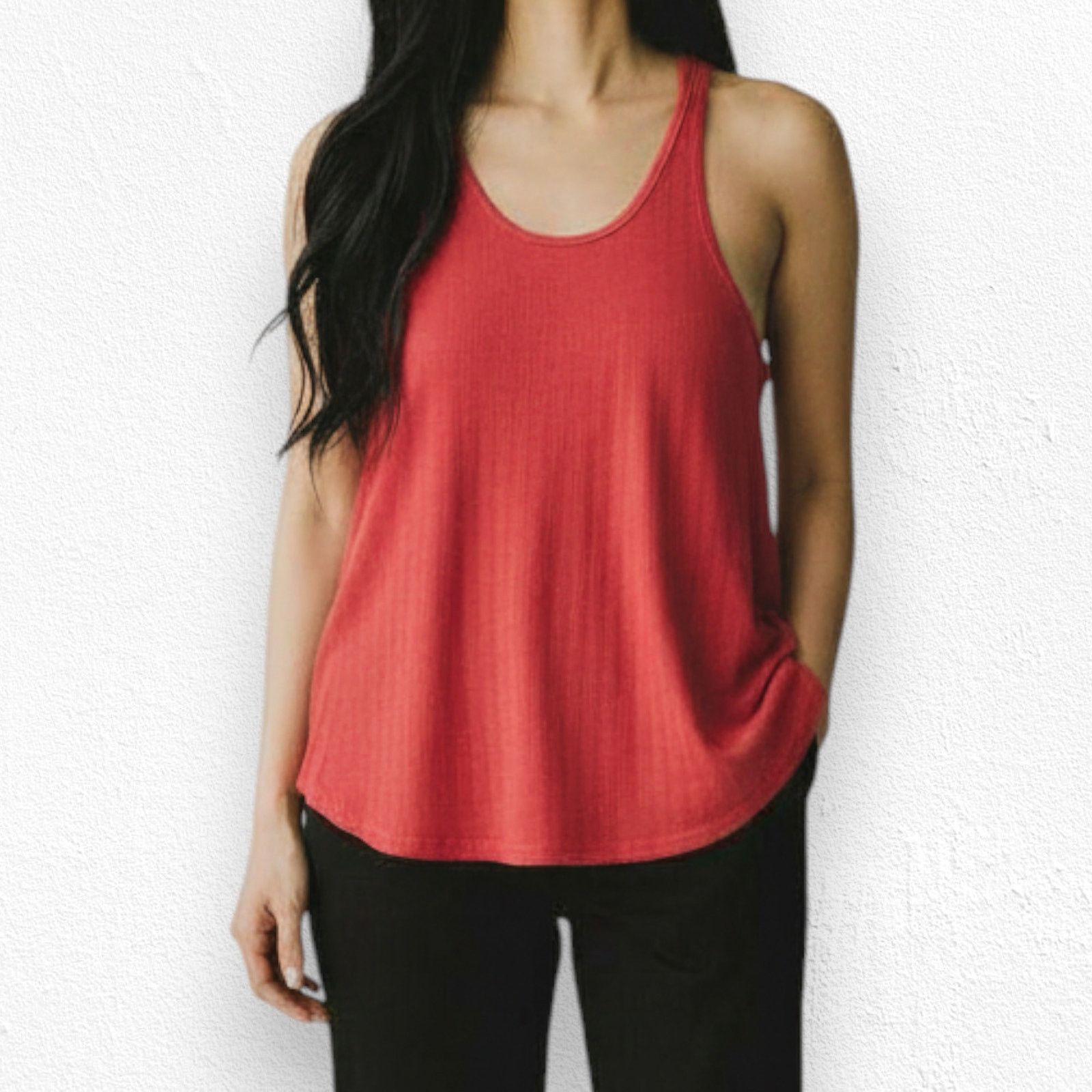 Free People Fire Red Rib Knit Linen Blend Racerback Tank Top Size Large Size L / US 10 / IT 46 - 3 Thumbnail