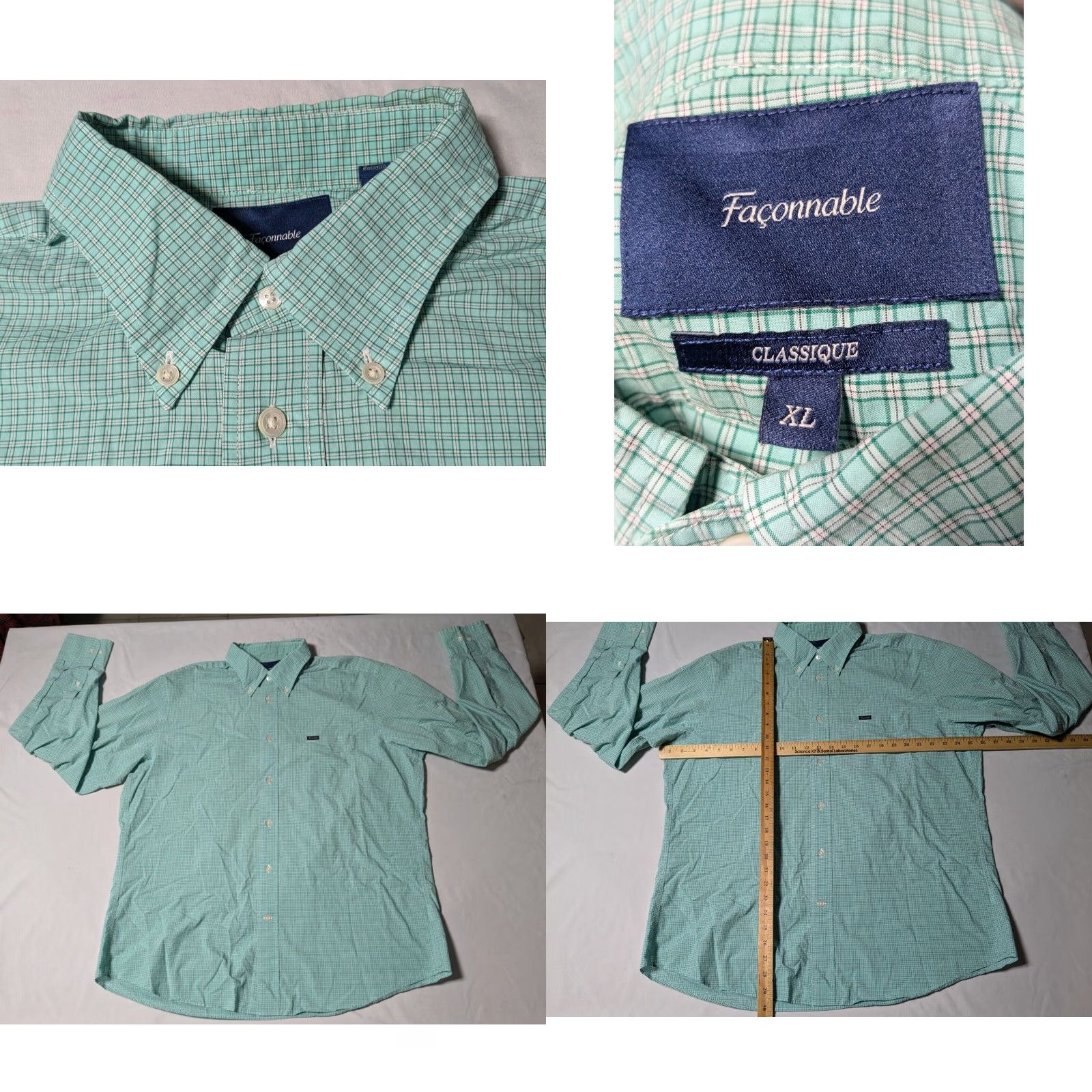 Faconnable FACONNABLE CLASSIQUE Men XL Green Cotton Mini Plaid Check Button-Up Shirt Size US XL / EU 56 / 4 - 8 Thumbnail