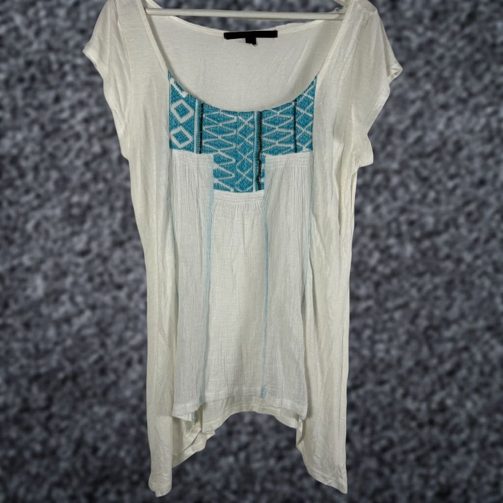 Vintage A Common Thread Anthropologie Womens Tunic Top Large Embroidered White/Blue NWOT Casual Geometric Aztec Bohemian Size L / US 10 / IT 46 - 1 Thumbnail