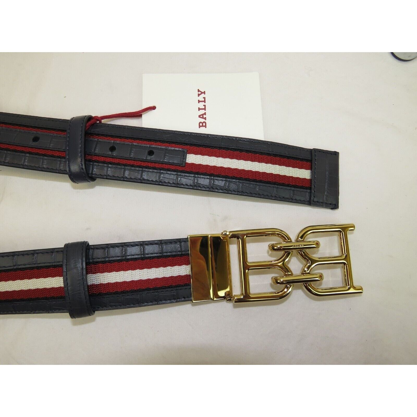 Bally B CHAIN BUCKLE ADJUSTABLE BLUE CROC LEATHER WEB BELT 110 44 Size 44 - 6 Thumbnail