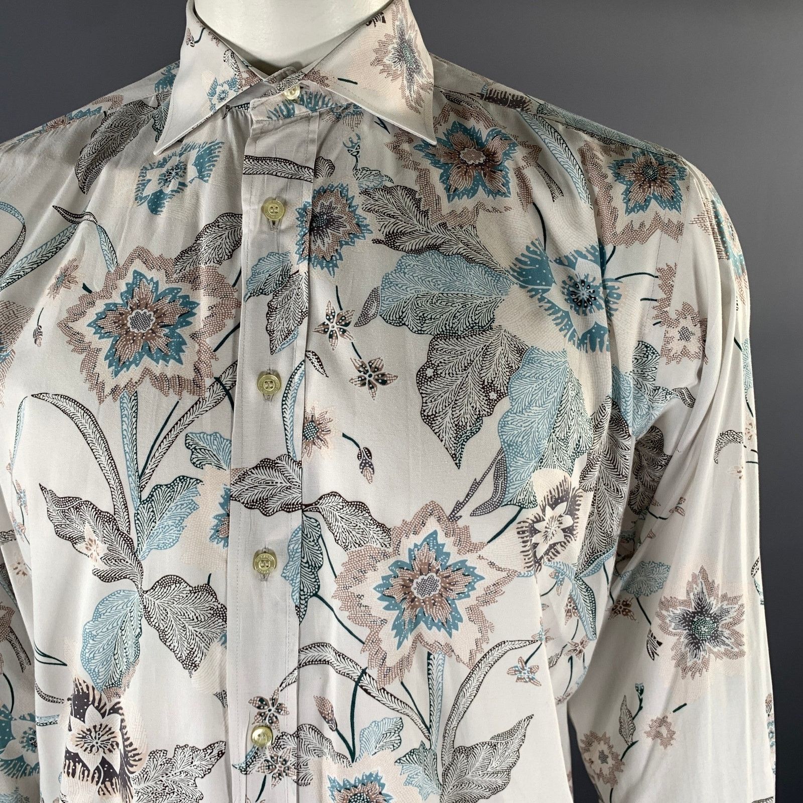 Etro ETRO Size XL White Blue Brown Floral Long Sleeve Shirt Size US XL / EU 56 / 4 - 2 Thumbnail
