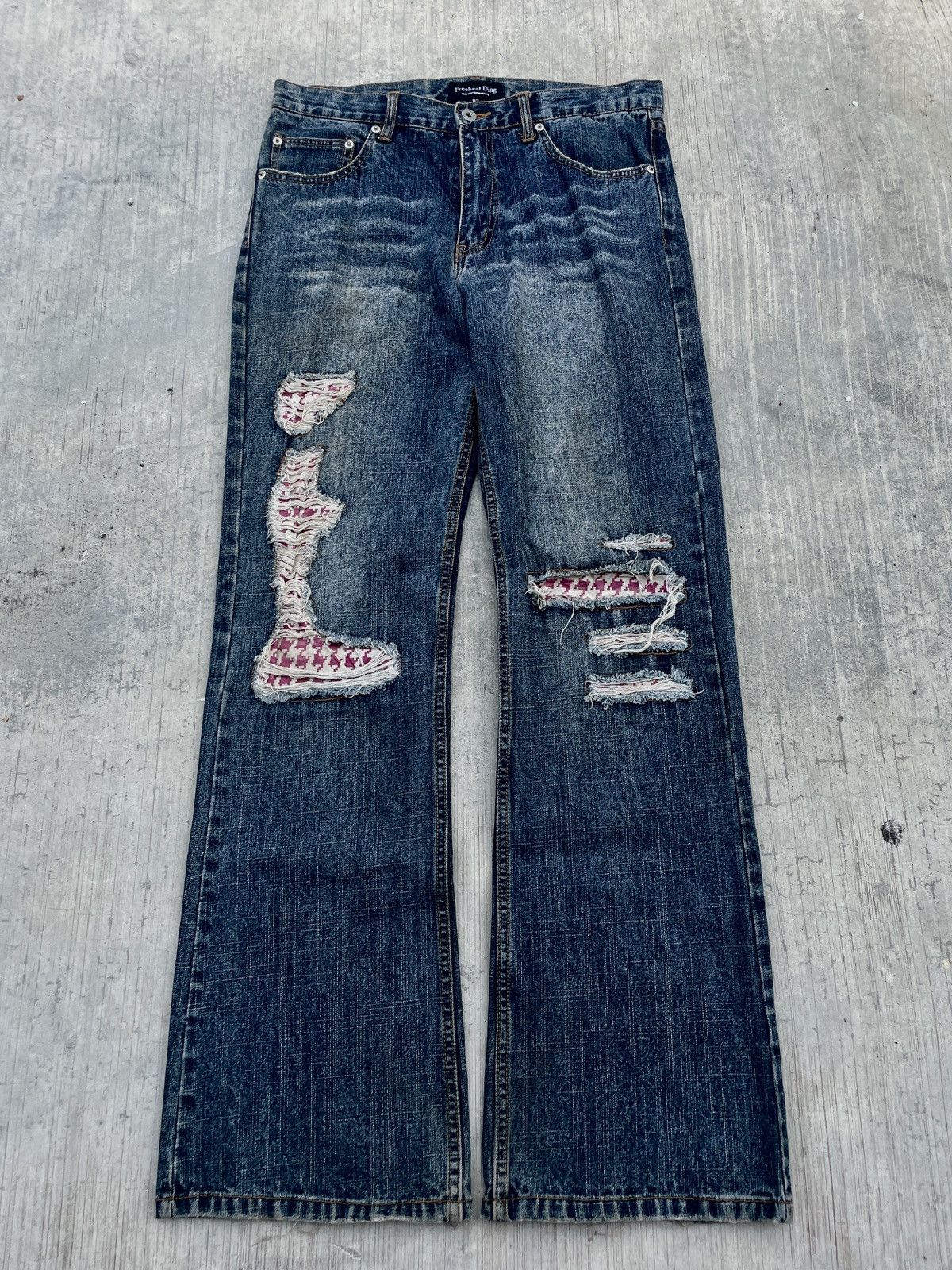 Japanese Brand 2000s JAPANESE BRAND FREEBEAT DIAG PATCHWORK RIPPED FLARE Size US 32 / EU 48 - 1 Thumbnail