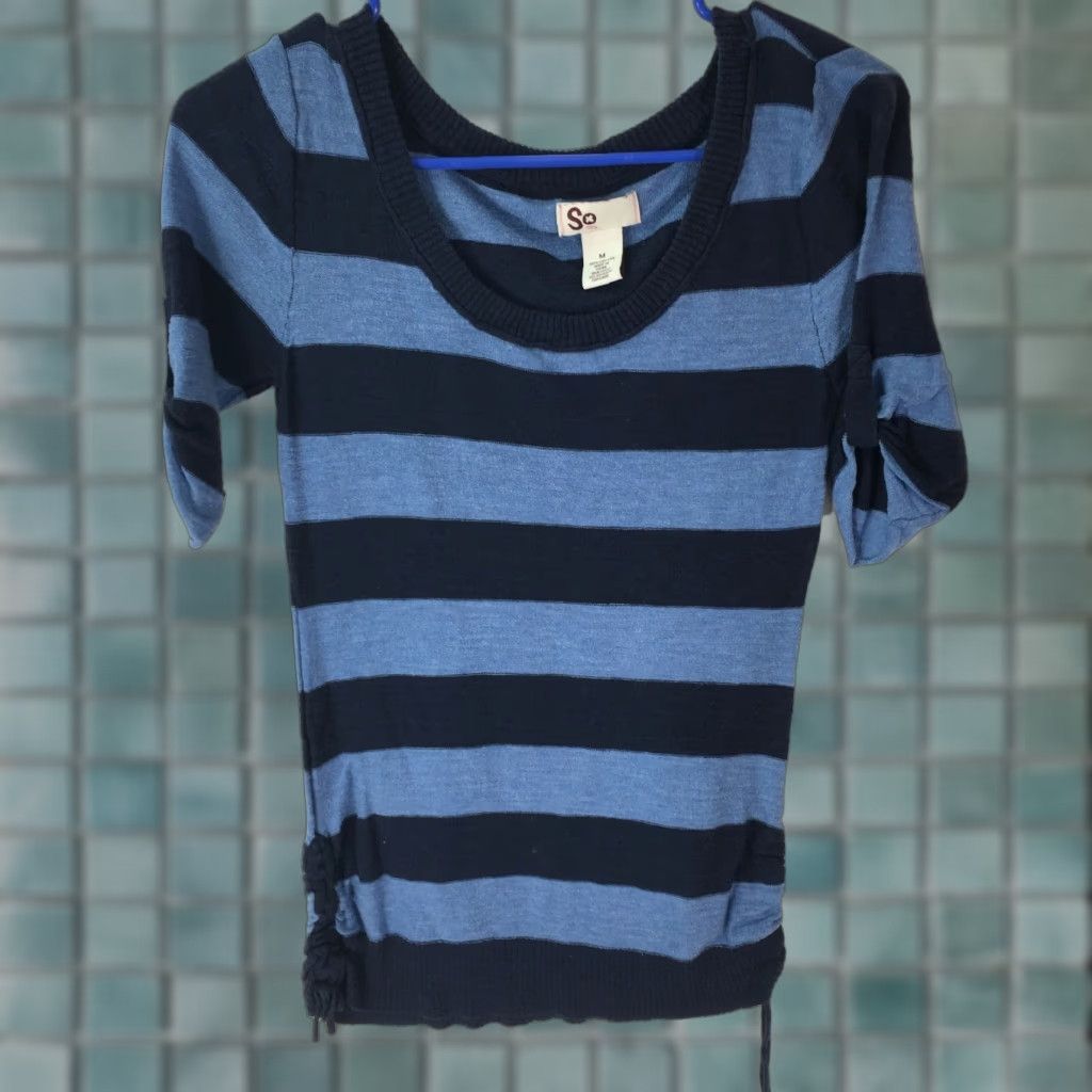 Vintage So Womens Blouse Tunic Striped Pullover Blue Scoop Neck Side Lace Up Size Medium Size M / US 6-8 / IT 42-44 - 1 Thumbnail