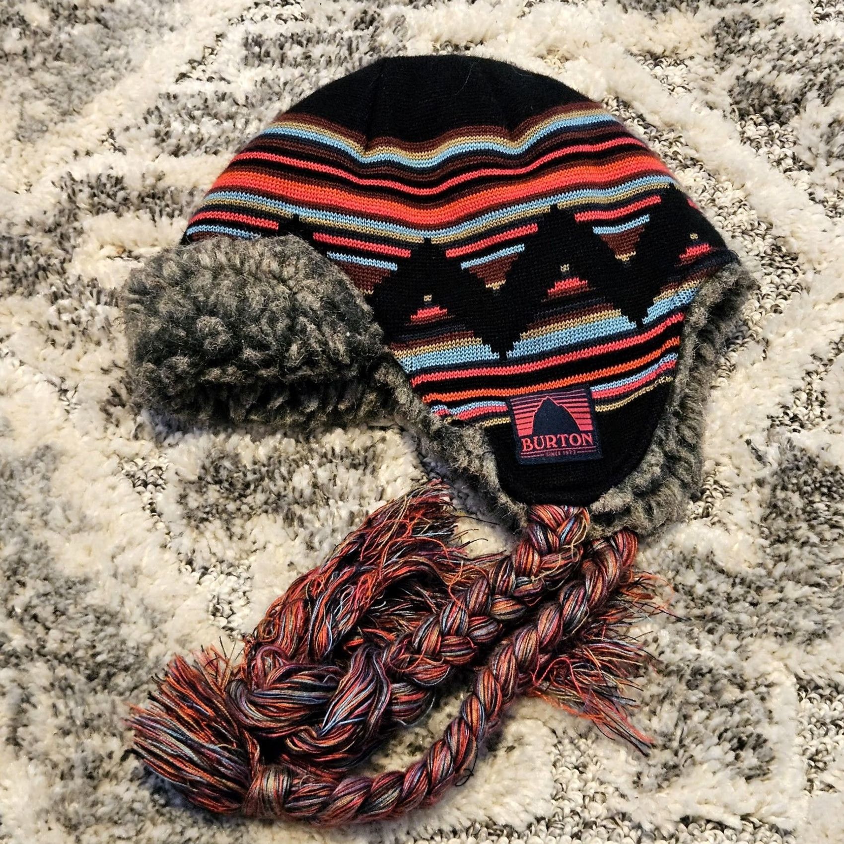 Burton Burton Hat Trapper Knit Ear Flap Faux Fur Lined Womens Black Multicolor Ski Geometric Logo Tasseled Insulated Winter One Size Size ONE SIZE - 3 Thumbnail