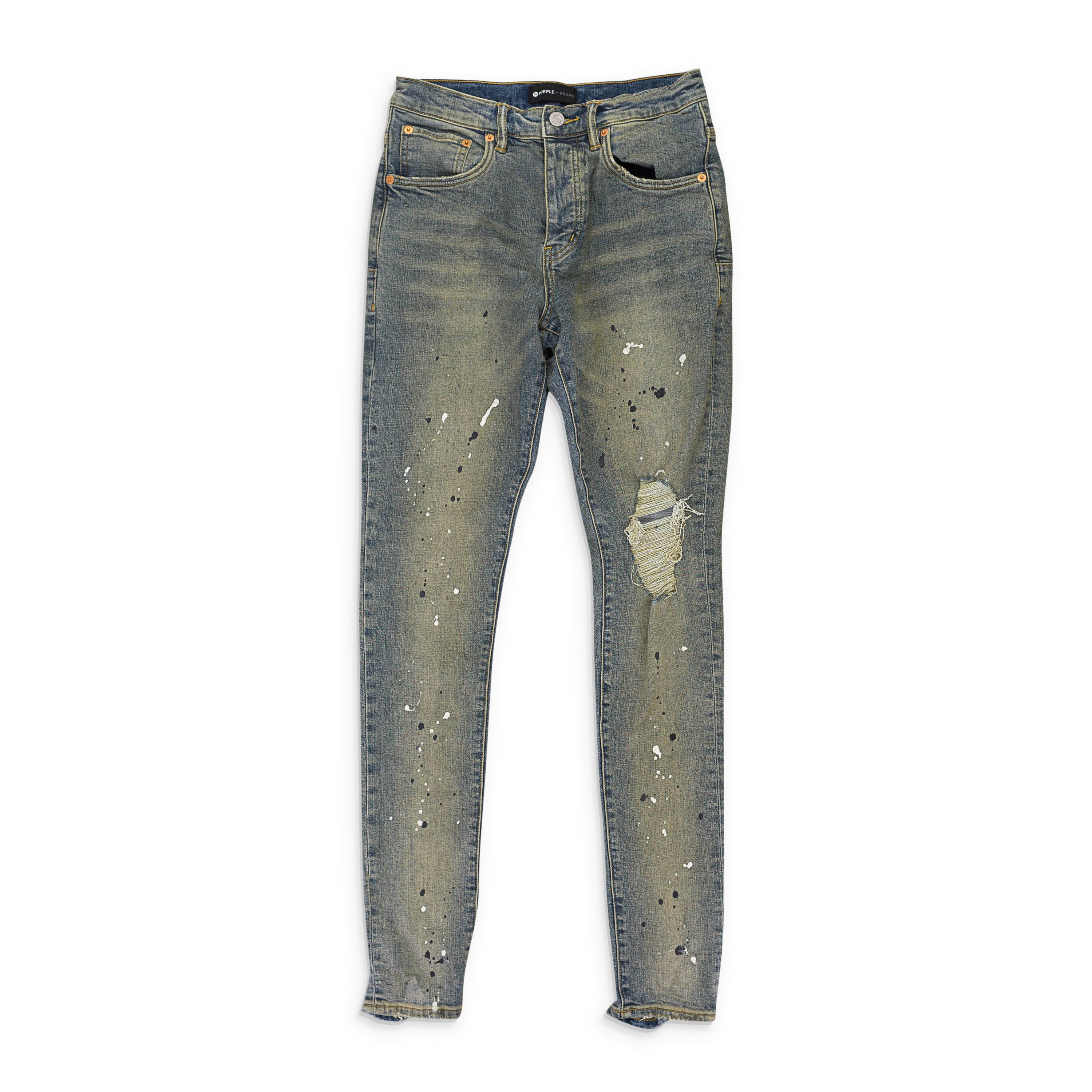 MID INDIGO TAPERED LEG DESTROY PAINT SKINNY JEANS SIZE 33