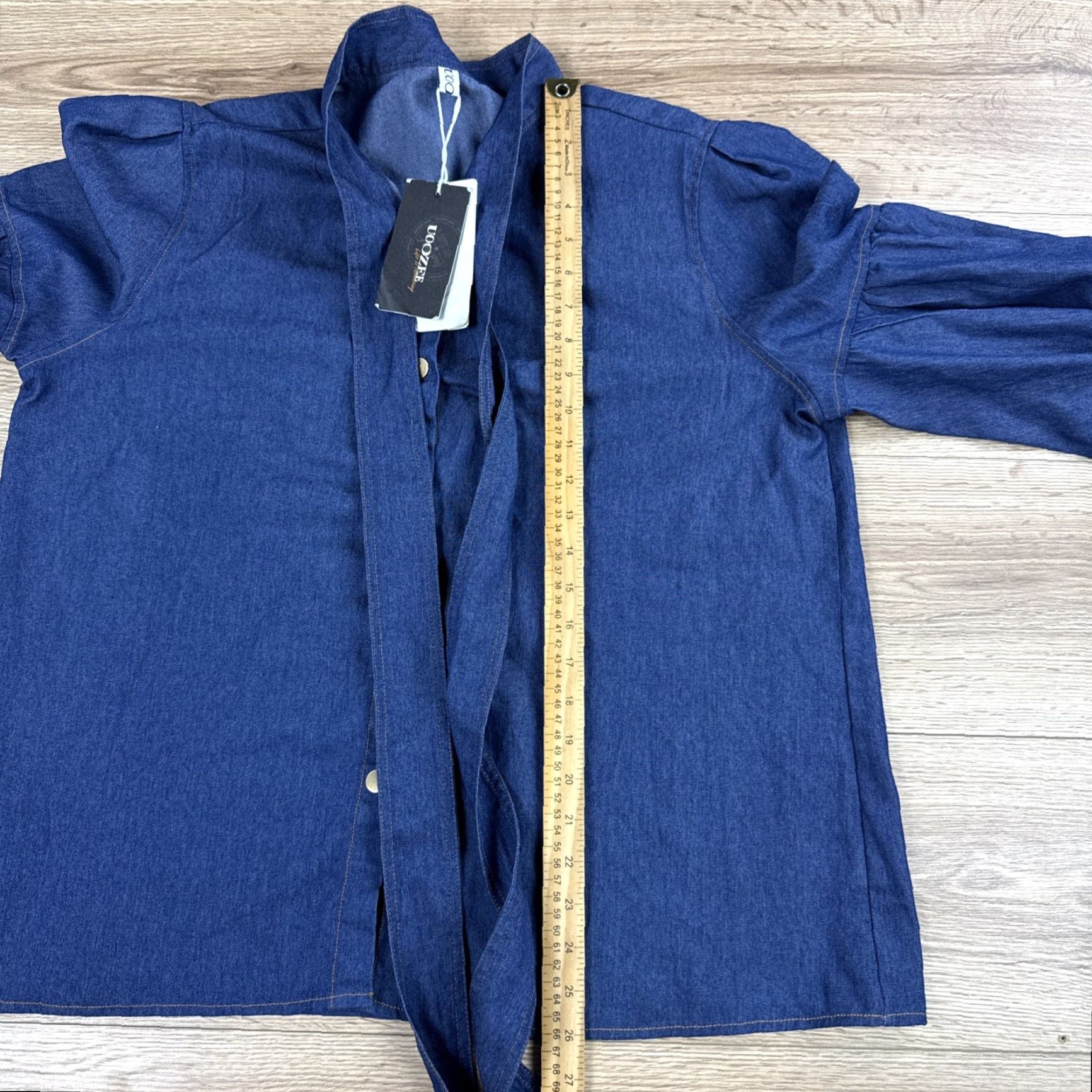 Vintage Uoozee Blouse Puff Sleeve Bow Buttoned Split-Joint High Neck Denim 100% Cotton Sz 3XL Womens Blue Size XXL / US 16-18 / IT 52-54 - 5 Thumbnail