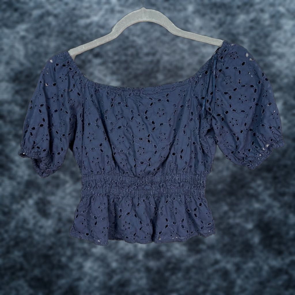 Abercrombie & Fitch Abercrombie & Fitch Womens XXS Blue Eyelet Puff Sleeve Smocked Peplum Top Blouse Shirt Cropped Casual Summer Spring Size XXS / US 00 / IT 34 - 1 Thumbnail