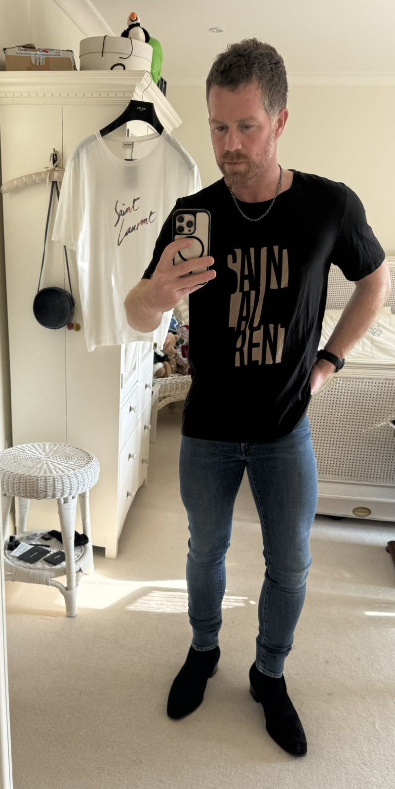 Saint Laurent Paris FW19 Saint Laurent heavy logo Black T shirt white logo L Size US L / EU 52-54 / 3 - 8 Thumbnail