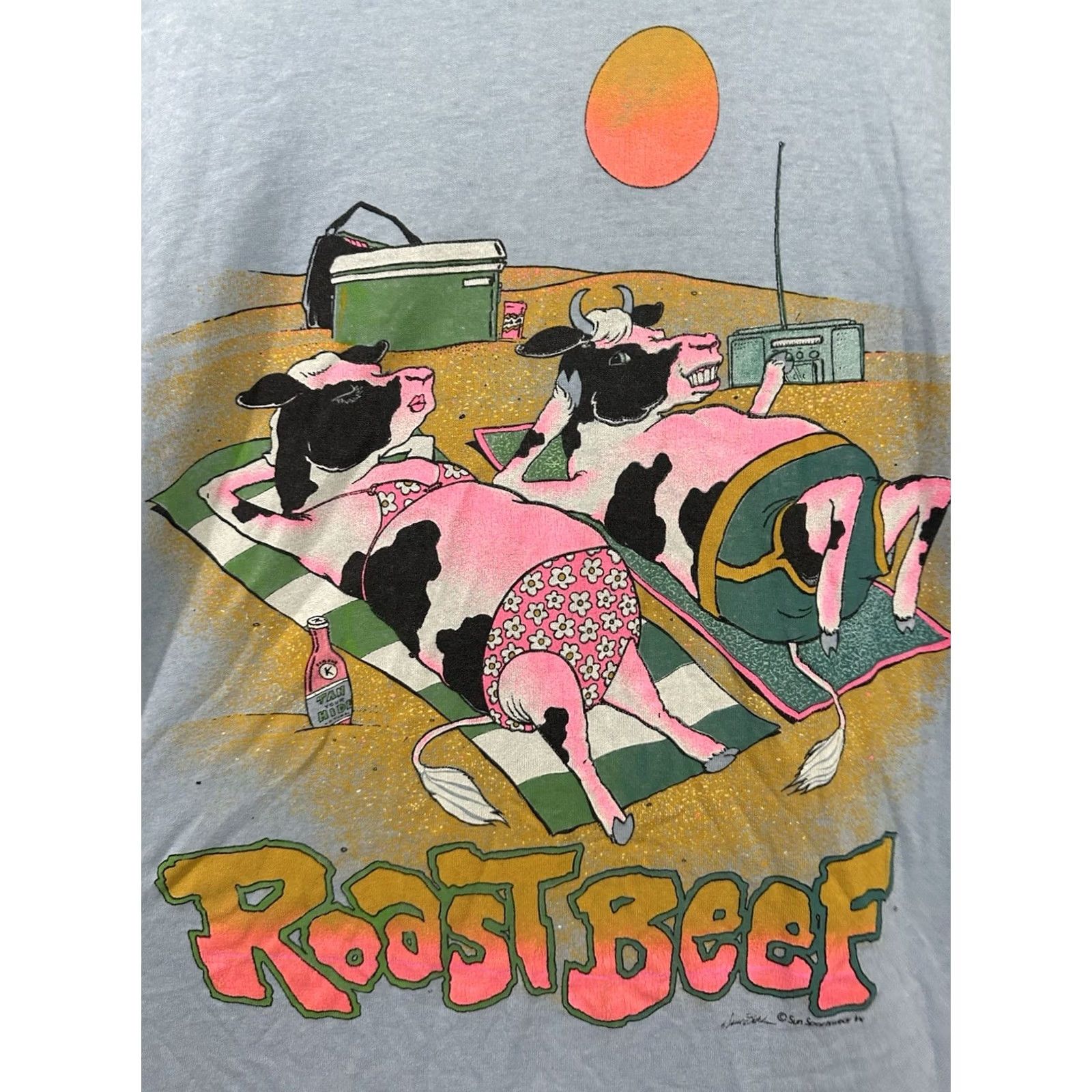 Vintage VTG 80s Roast Beef Cow Beach Sun Tan Funny Novelty T-Shirt M Blue Mens Short Sleeve Distressed Worn Retro Size US M / EU 48-50 / 2 - 3 Thumbnail