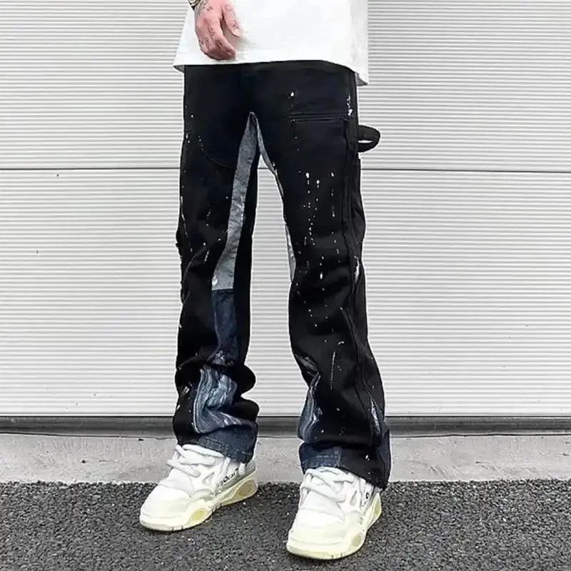 Japanese Brand Contrast Color Splice Speckled Ink Paint Micro Flared Jeans Size US 32 / EU 48 - 3 Thumbnail