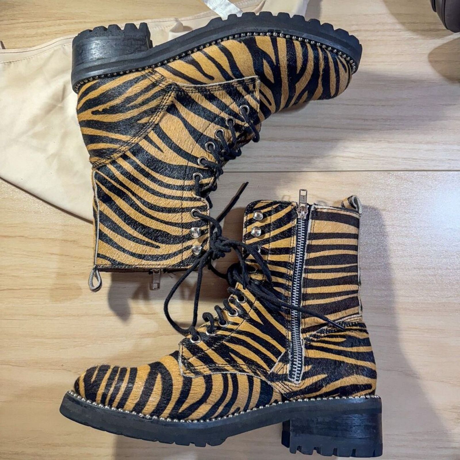 Other AQUA Jax (AQ-JAX) Zebra Calf Hair Combat Boots tud Trim 8.5 Size US 8.5 / IT 38.5 - 3 Thumbnail