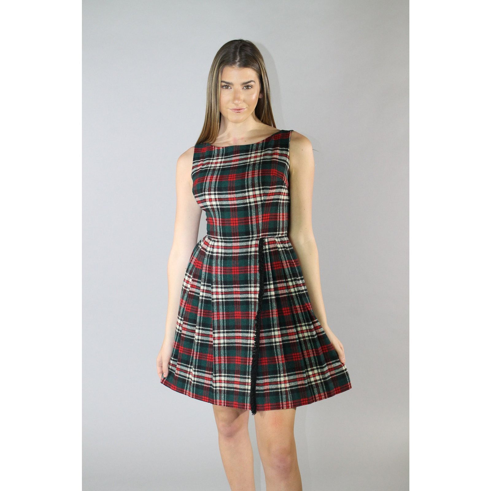 Vintage VTG 60s Highlander Plaid Pleated Mini Dress Academia Dress Size XS / US 0-2 / IT 36-38 - 2 Thumbnail