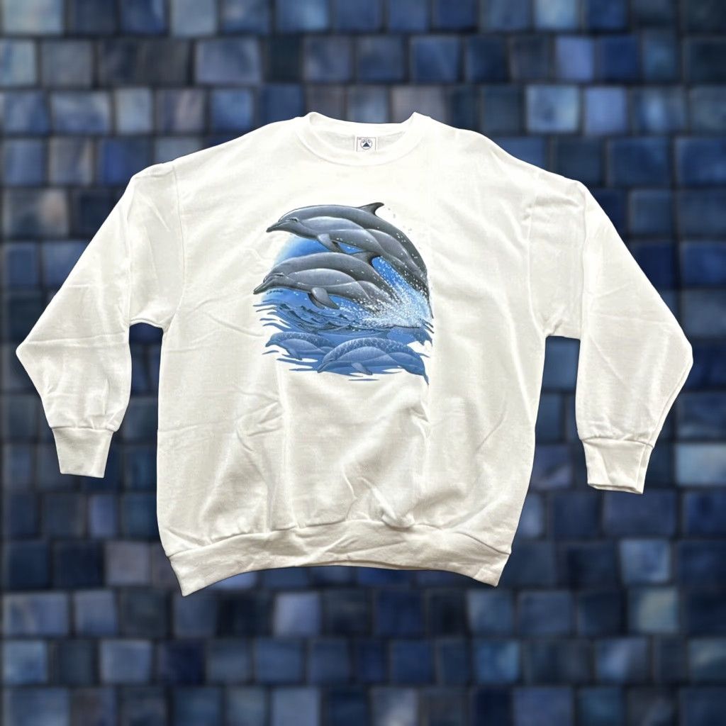Delta VINTAGE 90s Dolphins Waves Airwaves Sweatshirt Men 2XL White Pullover Size US XXL / EU 58 / 5 - 1 Thumbnail