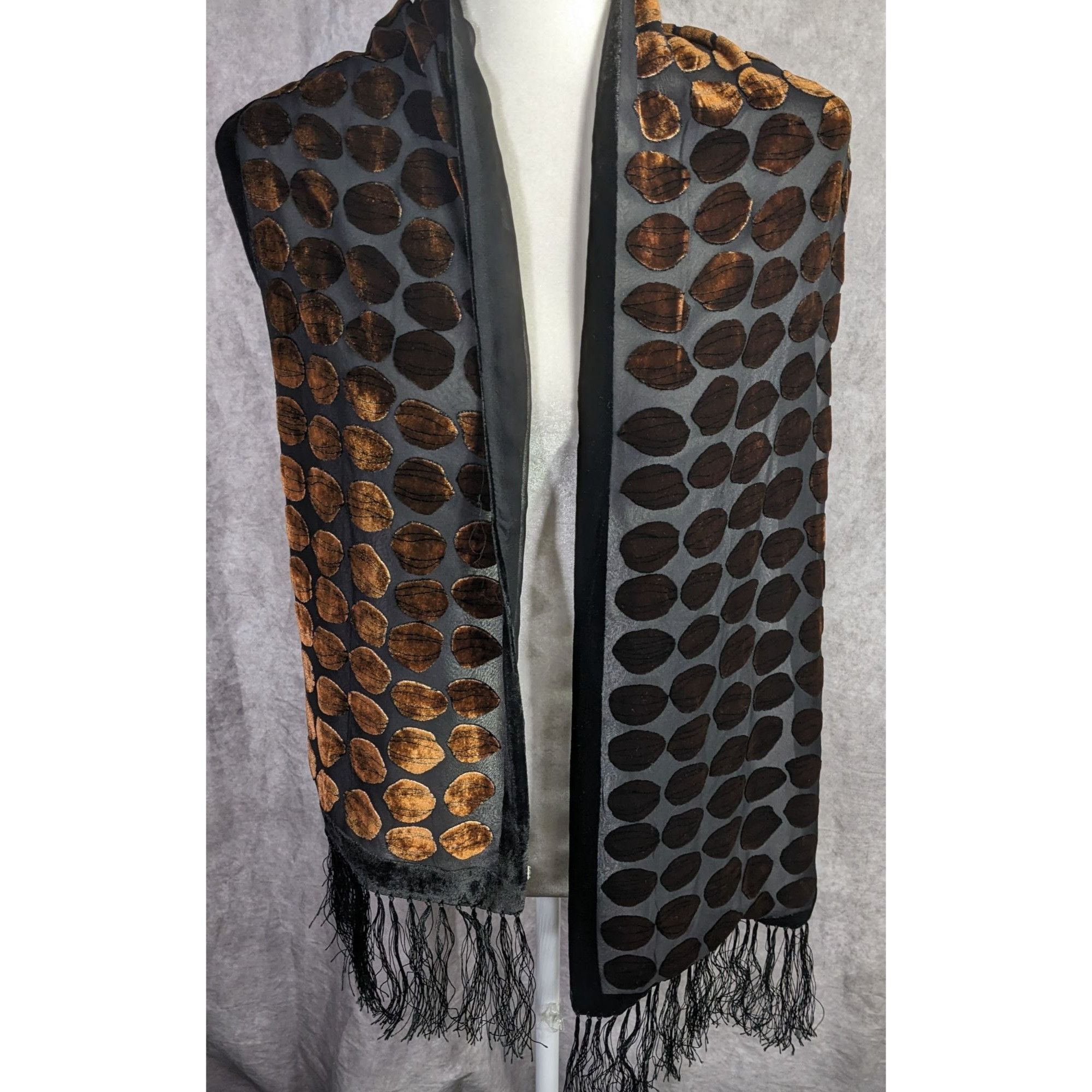Other Vintage Geometric Burnt Velvet Scarf Copper Tone With Fringe Size ONE SIZE - 12 Thumbnail