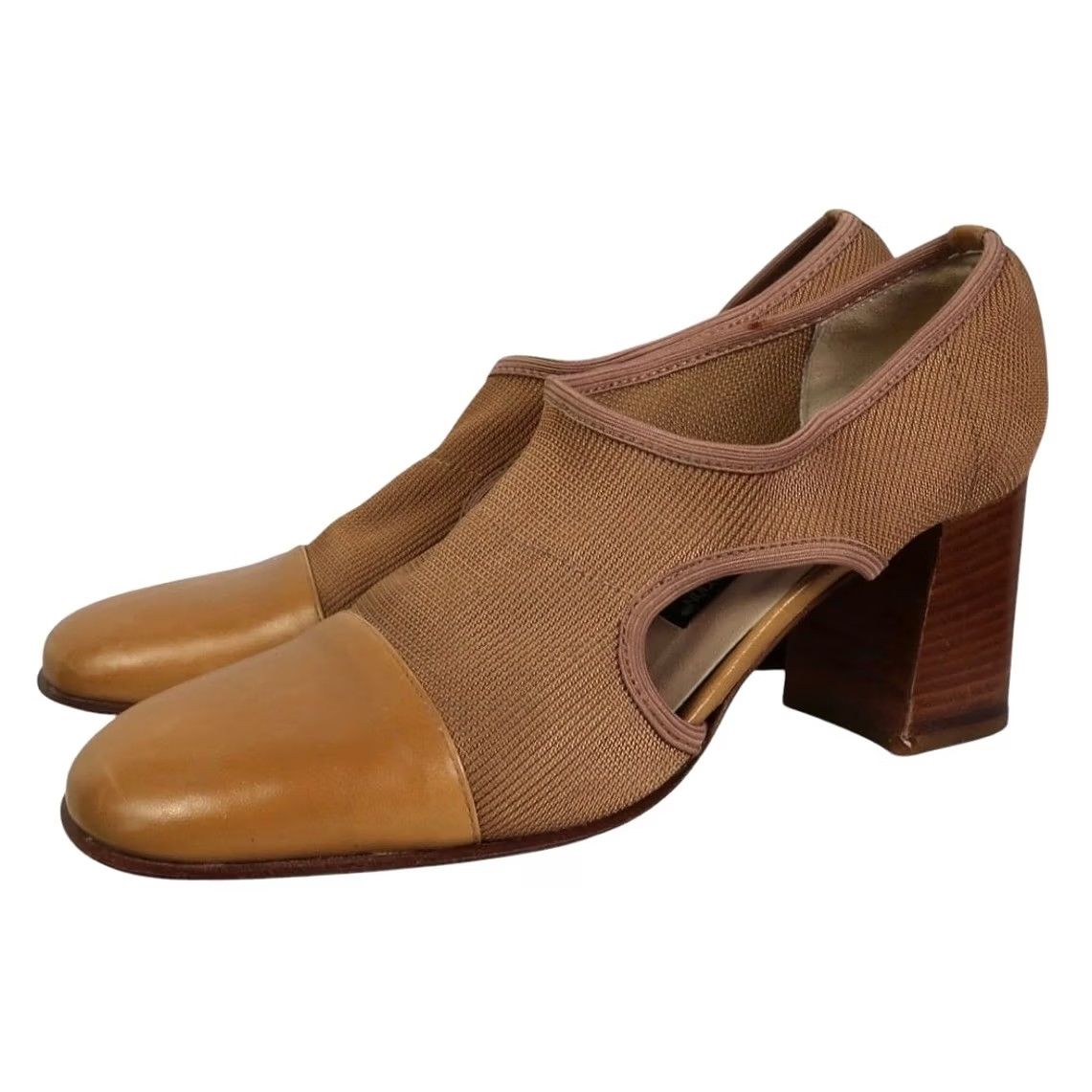 Vintage VINTAGE Larry Stuart Tan Leather and Fabric Cut-Out Heels 7.5 Pump Womens Square Toe 90s Size US 8 / IT 38 - 2 Thumbnail
