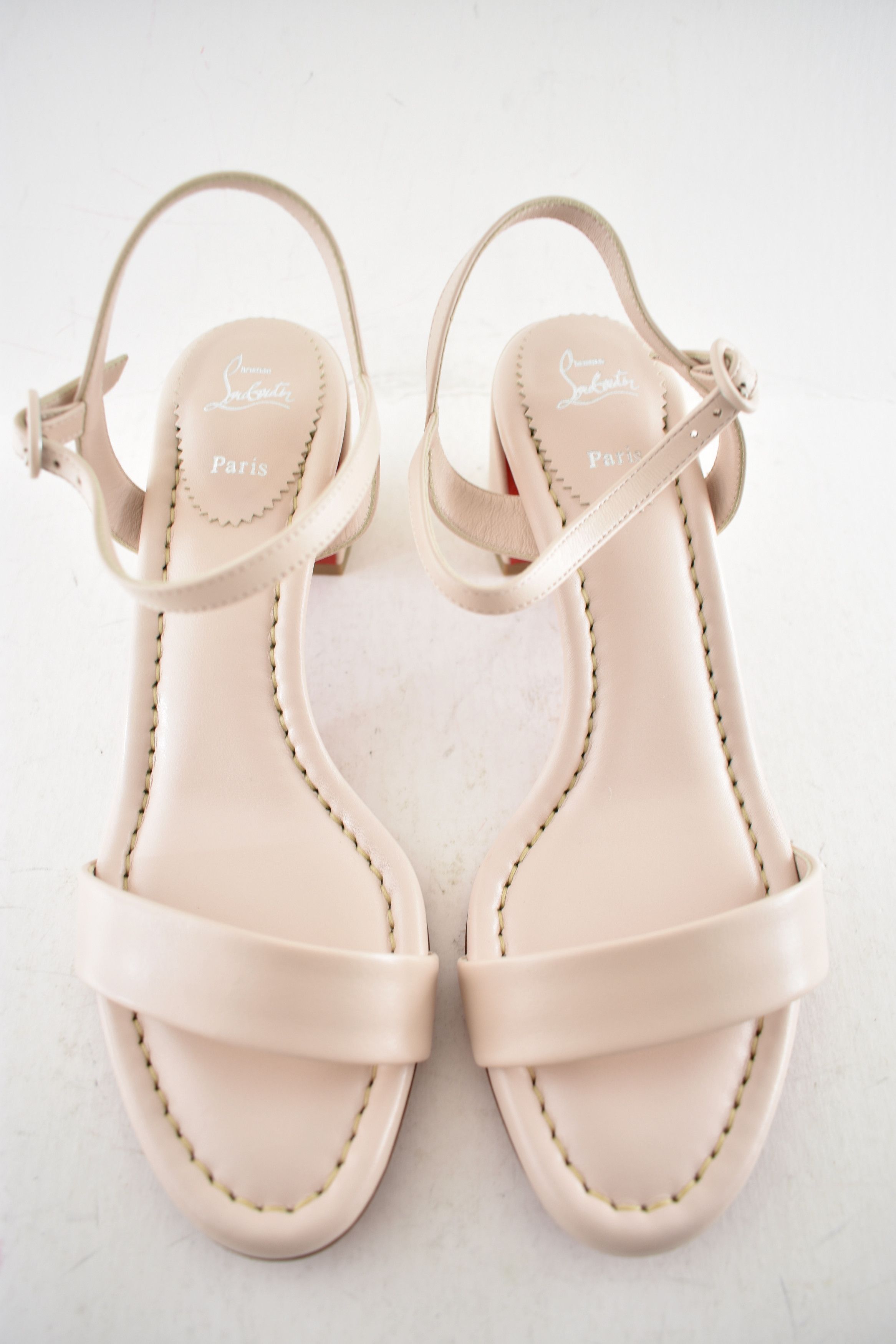 Christian Louboutin Miss Jane Sandal 55 Leche Beige Ankle Strap Block Heel 37.5 Size US 7.5 / IT 37.5 - 7 Thumbnail
