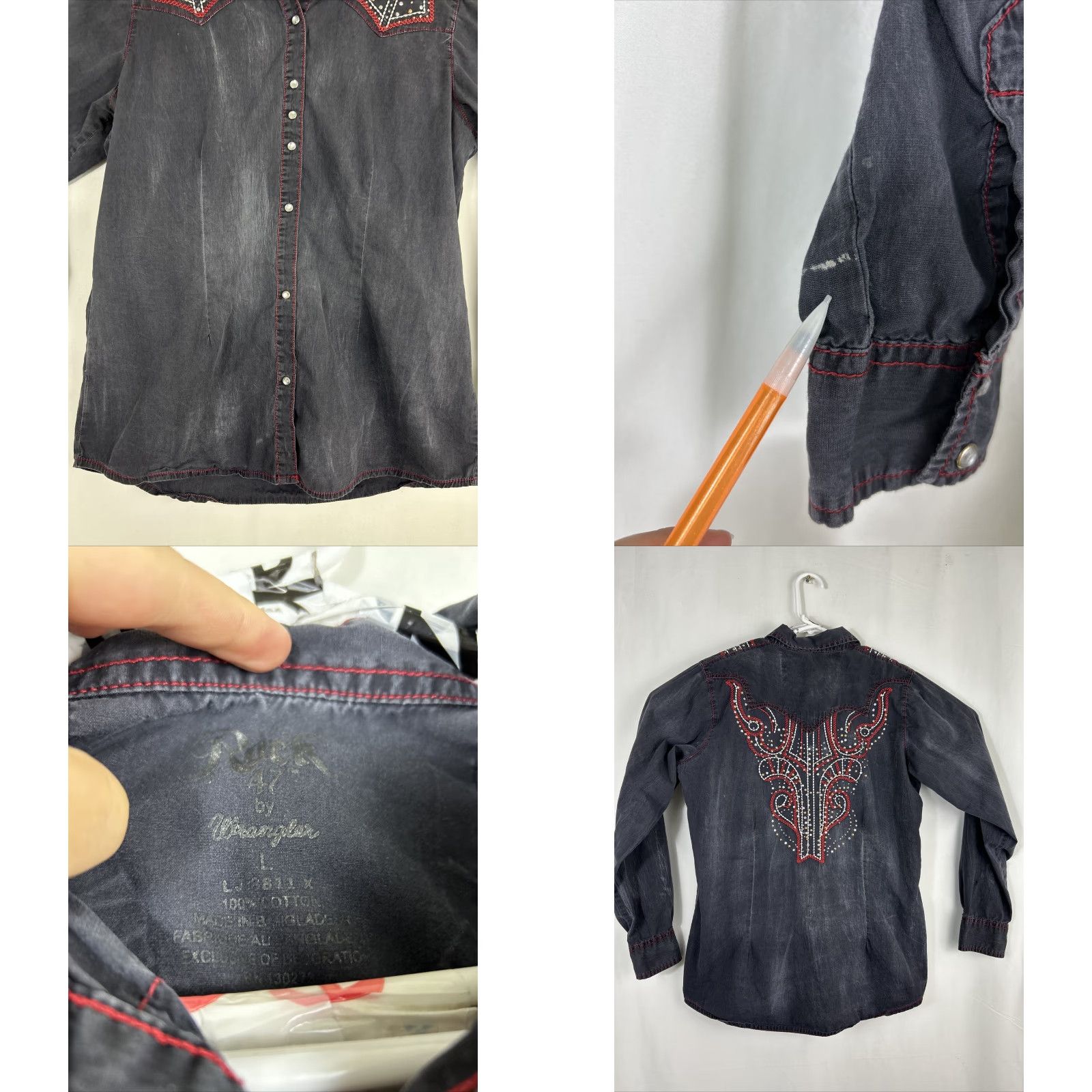 47 VINTAGE Rock 47 by Wrangler Beaded Pearl Snap Shirt Womens Long Sleeve Black Western Beaded Accents Sized L (Chest 22” Length 28” Sleeves 24”) Size L / US 10 / IT 46 - 8 Thumbnail