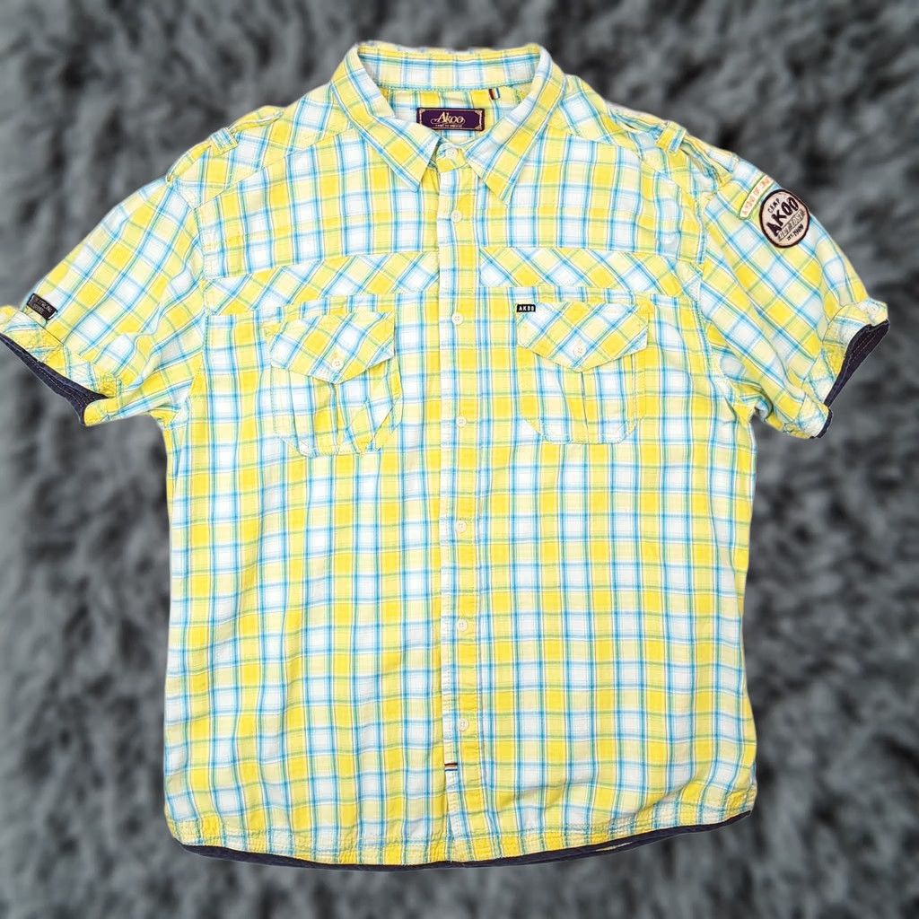 Akoo Shirt Mens Large Yellow Blue Plaid Short Sleeve Button-Up Streetwear Camp Patches, Men's