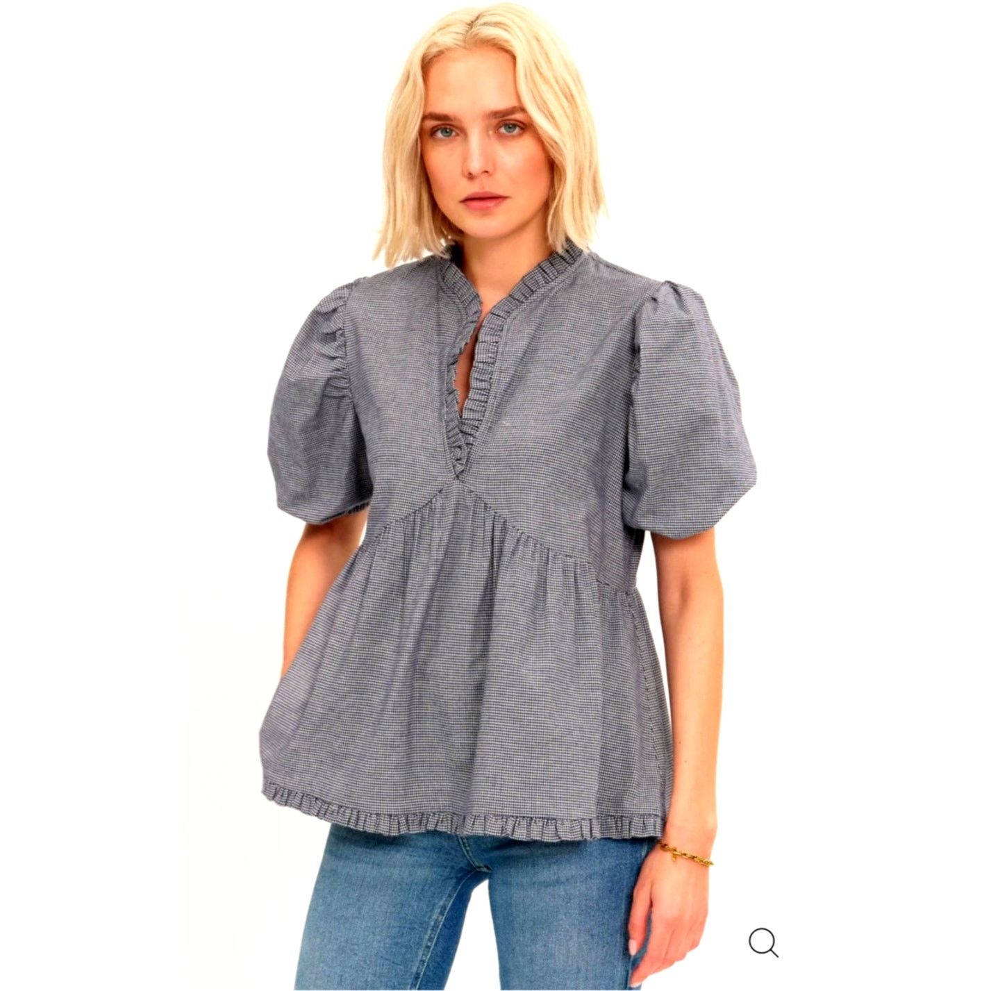 Other Harshman Houndstooth Aiya Blouse Navy Puffed Sleeve size S Size S / US 4 / IT 40 - 6 Thumbnail