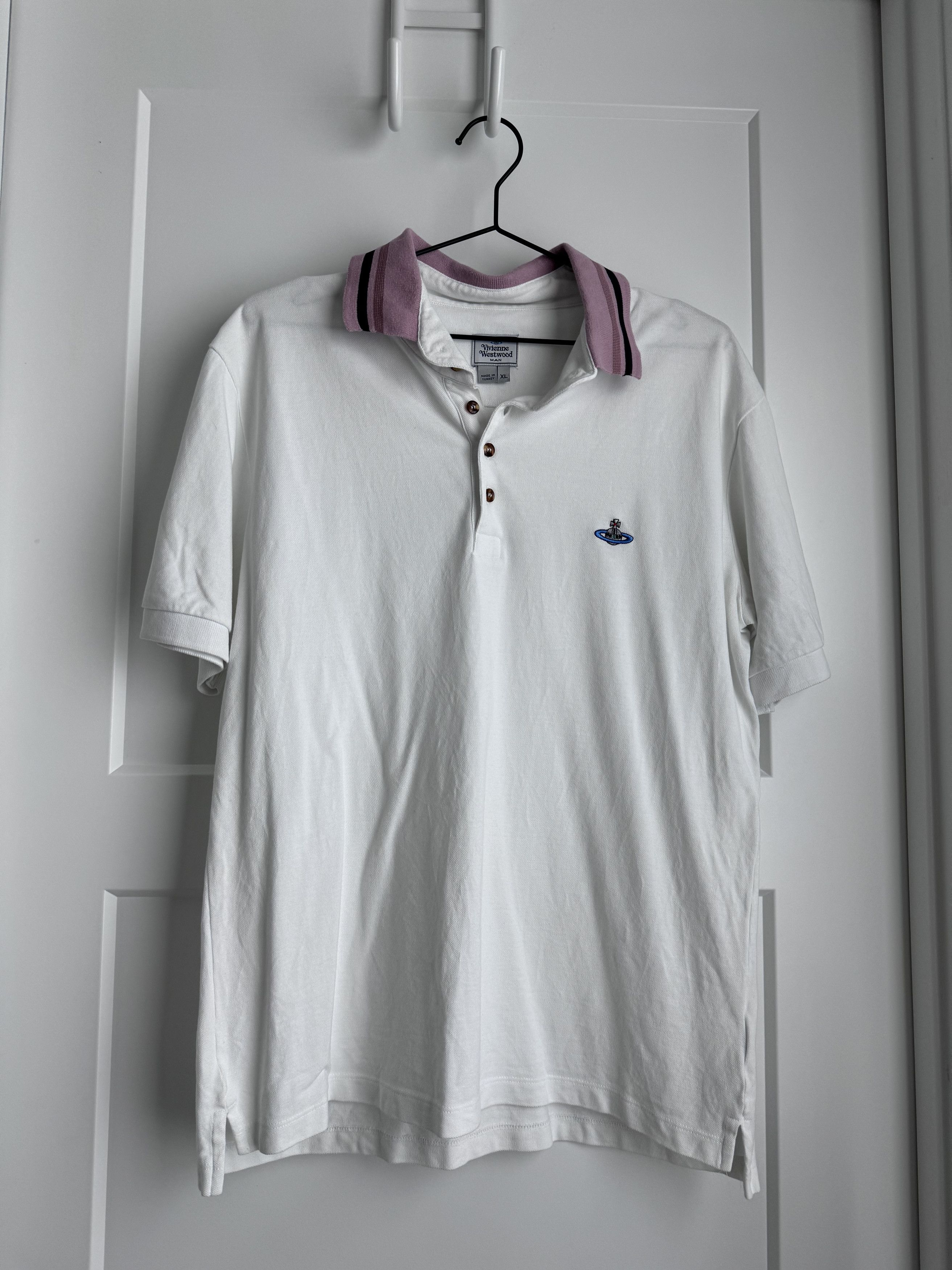 image of Vivienne Westwood White Pink Collar Polo Tee Shirt Logo, Men's (Size XL)