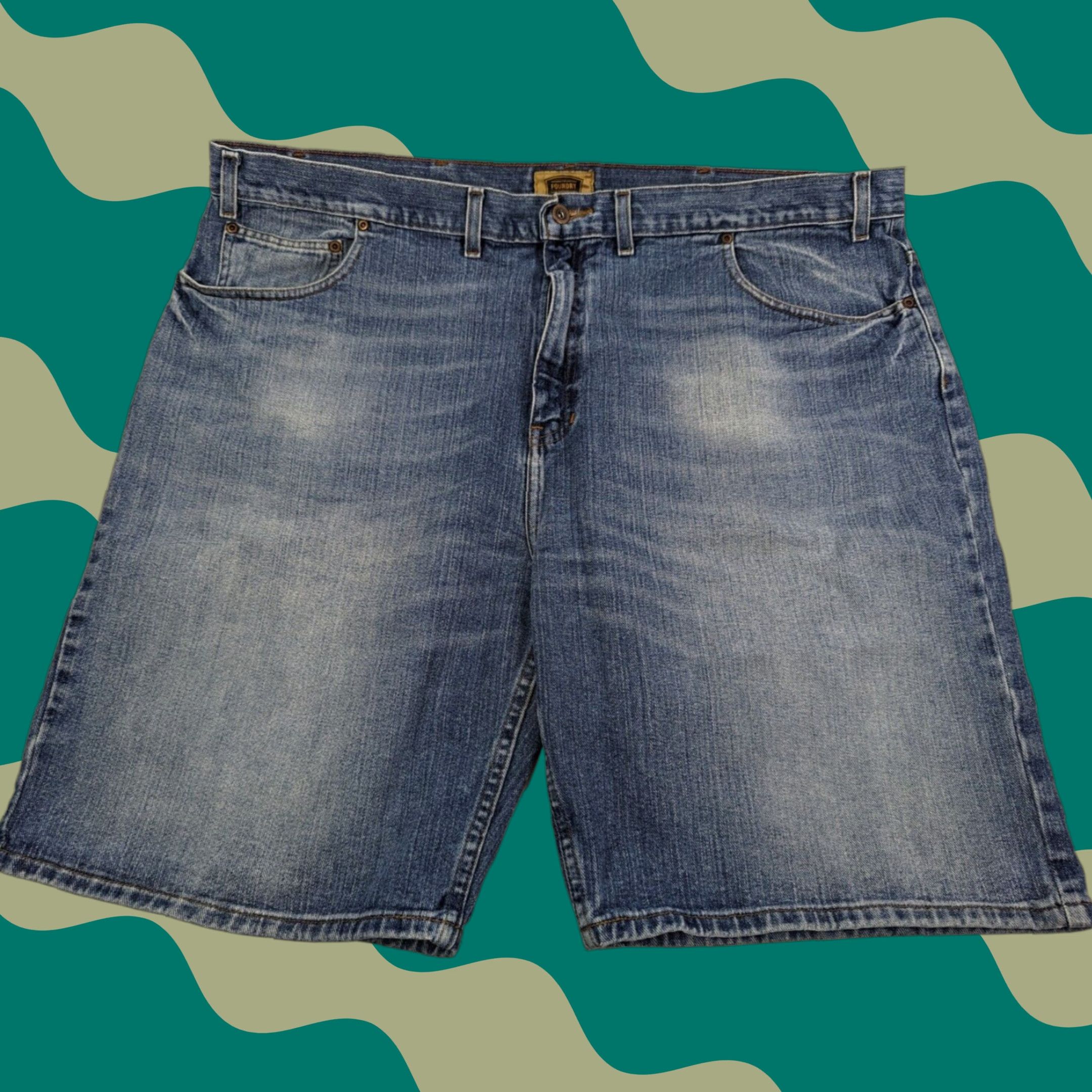 Vintage Foundry Mens Denim Shorts Blue 48 Cotton Straight Flat Front Pockets Logo Embroidered Button Casual Vintage No Size US 32 / EU 48 - 1 Thumbnail