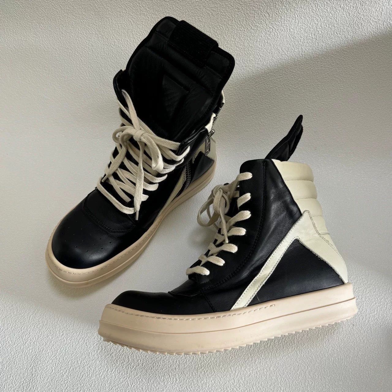 rick owens black and white leather sneakers