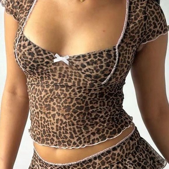 Vintage Leopard Print Lettuce Trim Semi-sheer Tulle Crop Top Blouse Size S / US 4 / IT 40 - 1 Thumbnail
