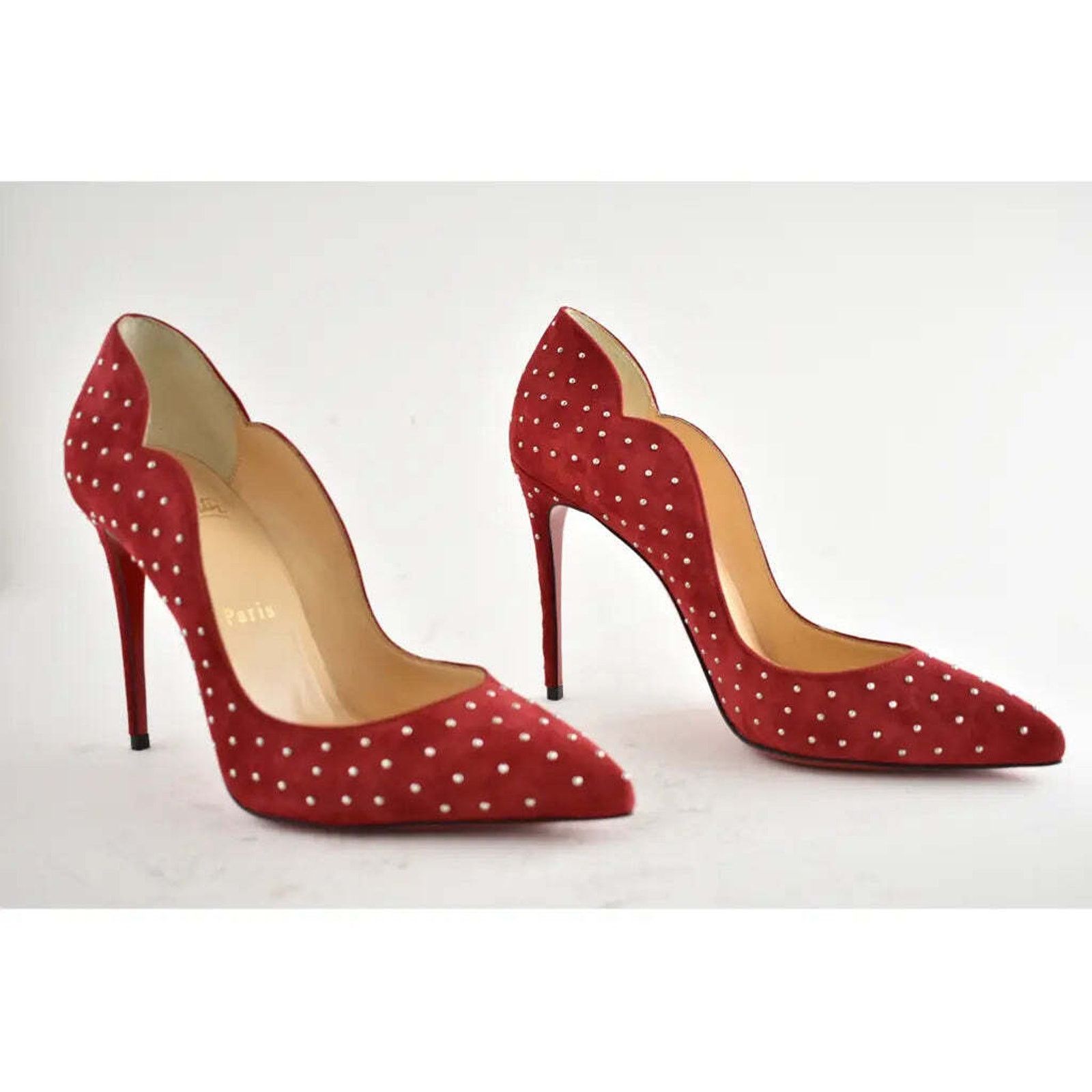 Christian Louboutin Hot Chick Plume 100 Red Carmen Stud Suede Heel Pump 40 Size US 10 / IT 40 - 4 Thumbnail