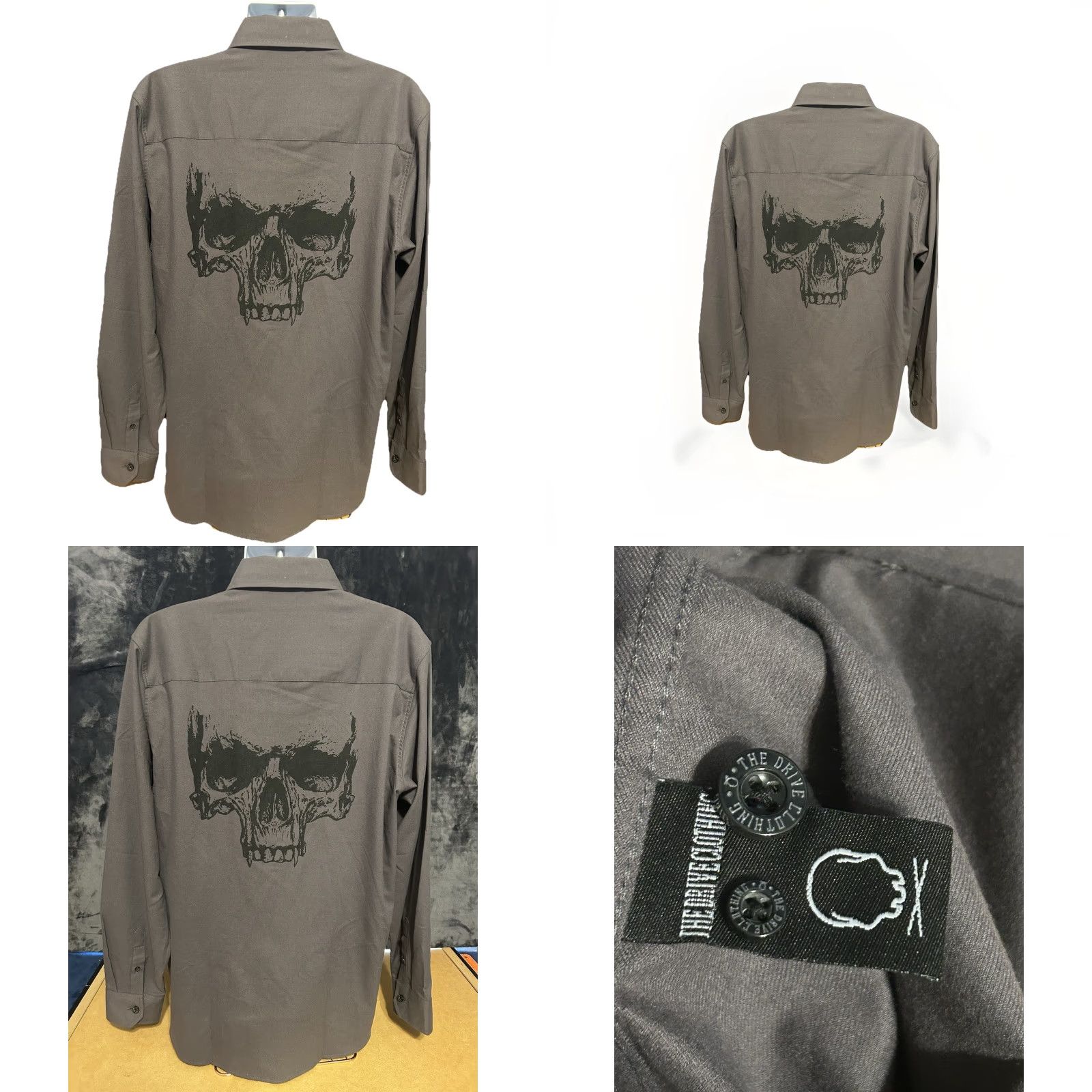 Vintage The Drive Clothing Button Up Shirt Men XL Gray Long Sleeve Skull Back Biker Size US XL / EU 56 / 4 - 9 Thumbnail