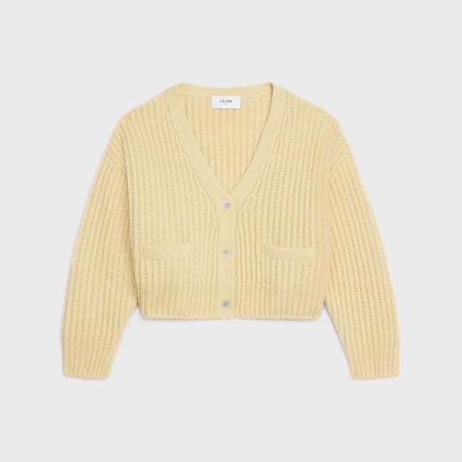 image of Celine O1Bcso1Str0224 2A49X266R.11Py Cardigan In Pale Yellow, Women's (Size 2XL)